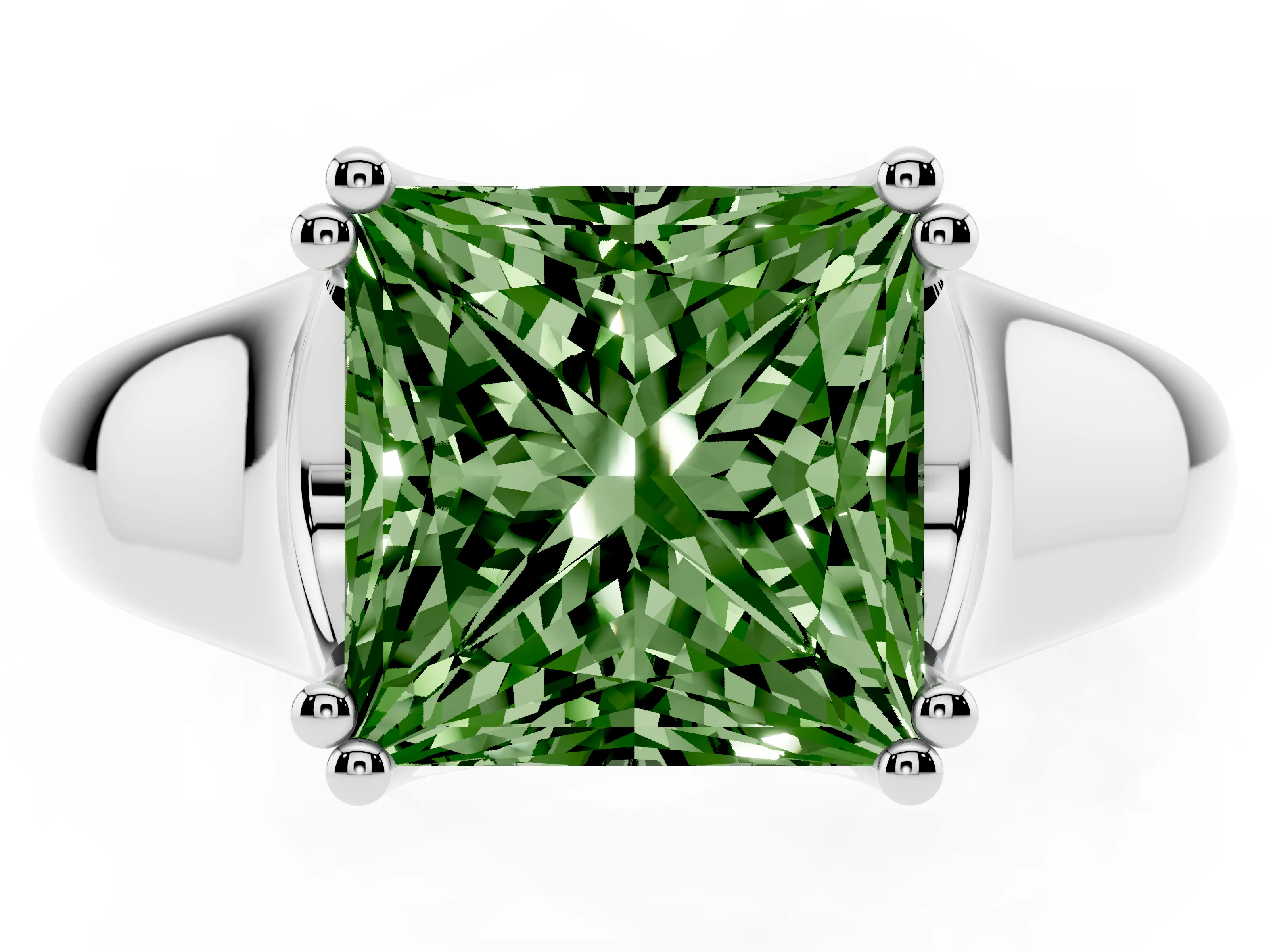 Fancy Green Princess Cut Diamond Solitaire Ring Set in Platinum with Wide Band and Prong Setting