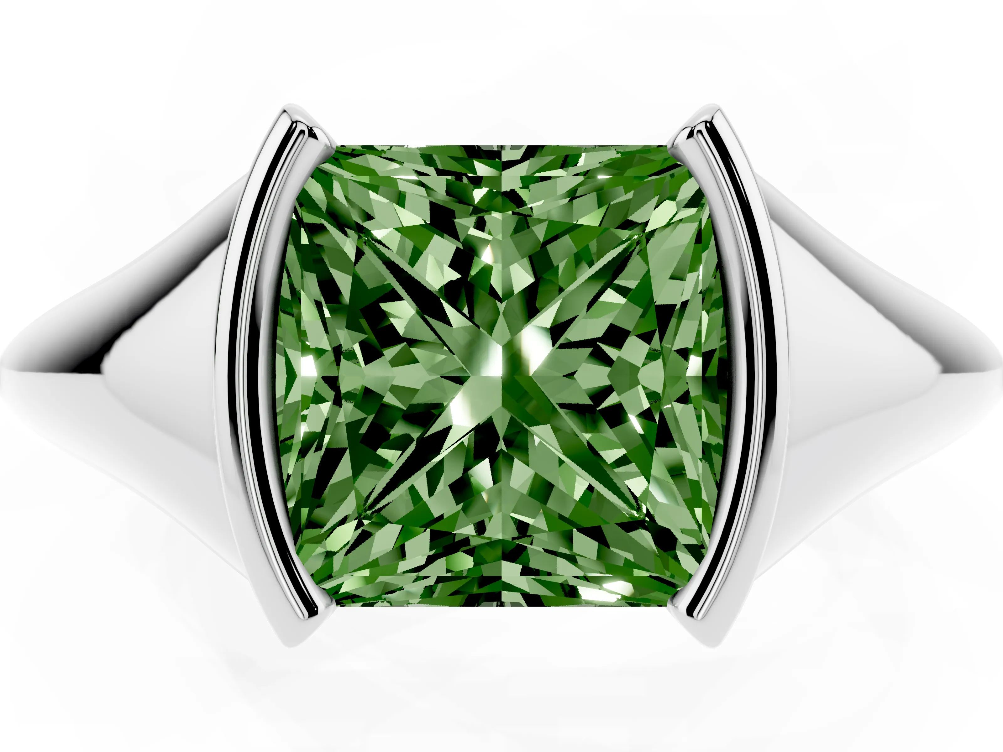Fancy Green Princess Cut Diamond Solitaire Tension Set Ring Set in Silver