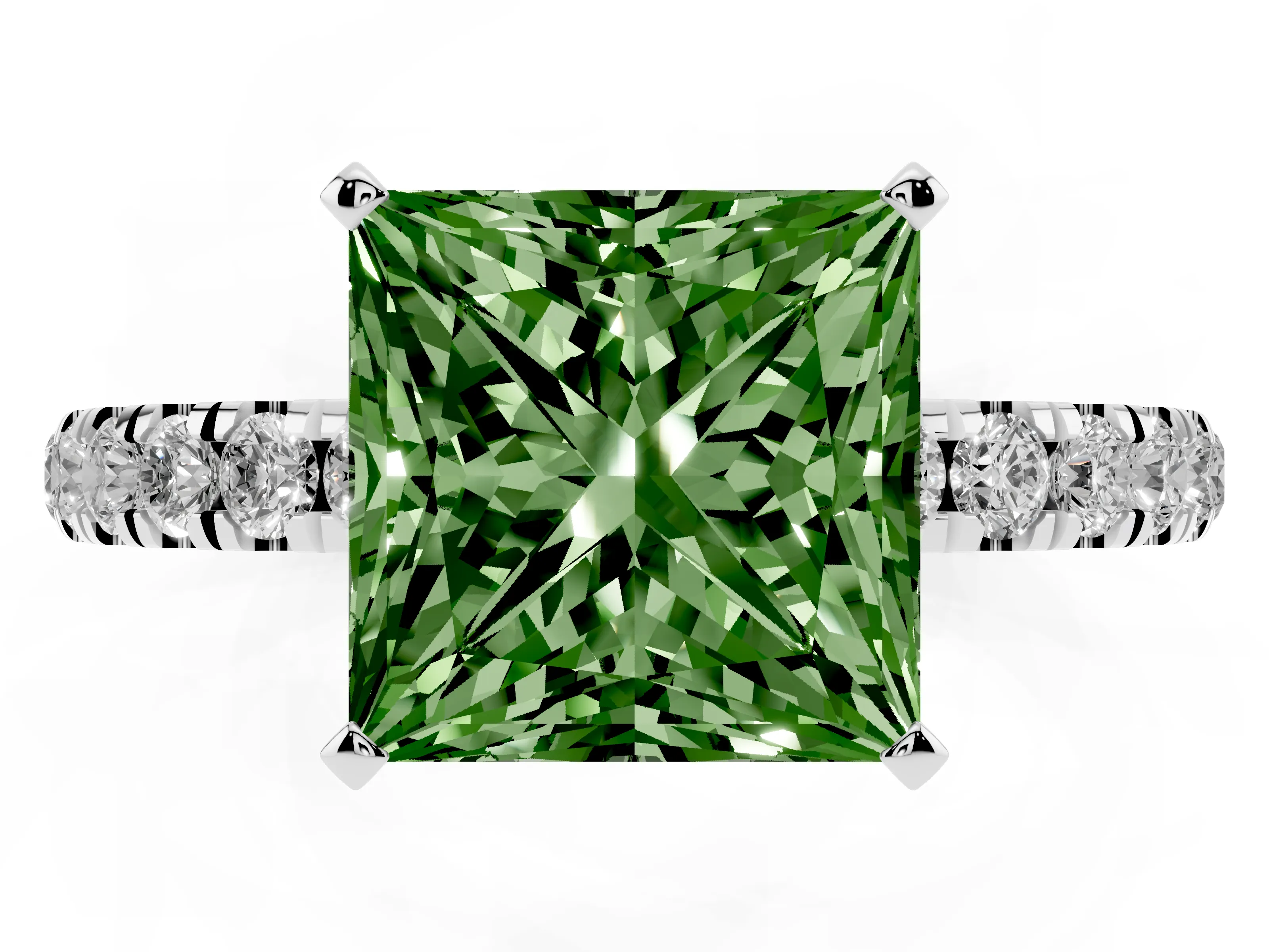 Fancy Green Princess Cut Diamond Solitaire Ring Set in Silver with Pavé Accents and Prong Setting