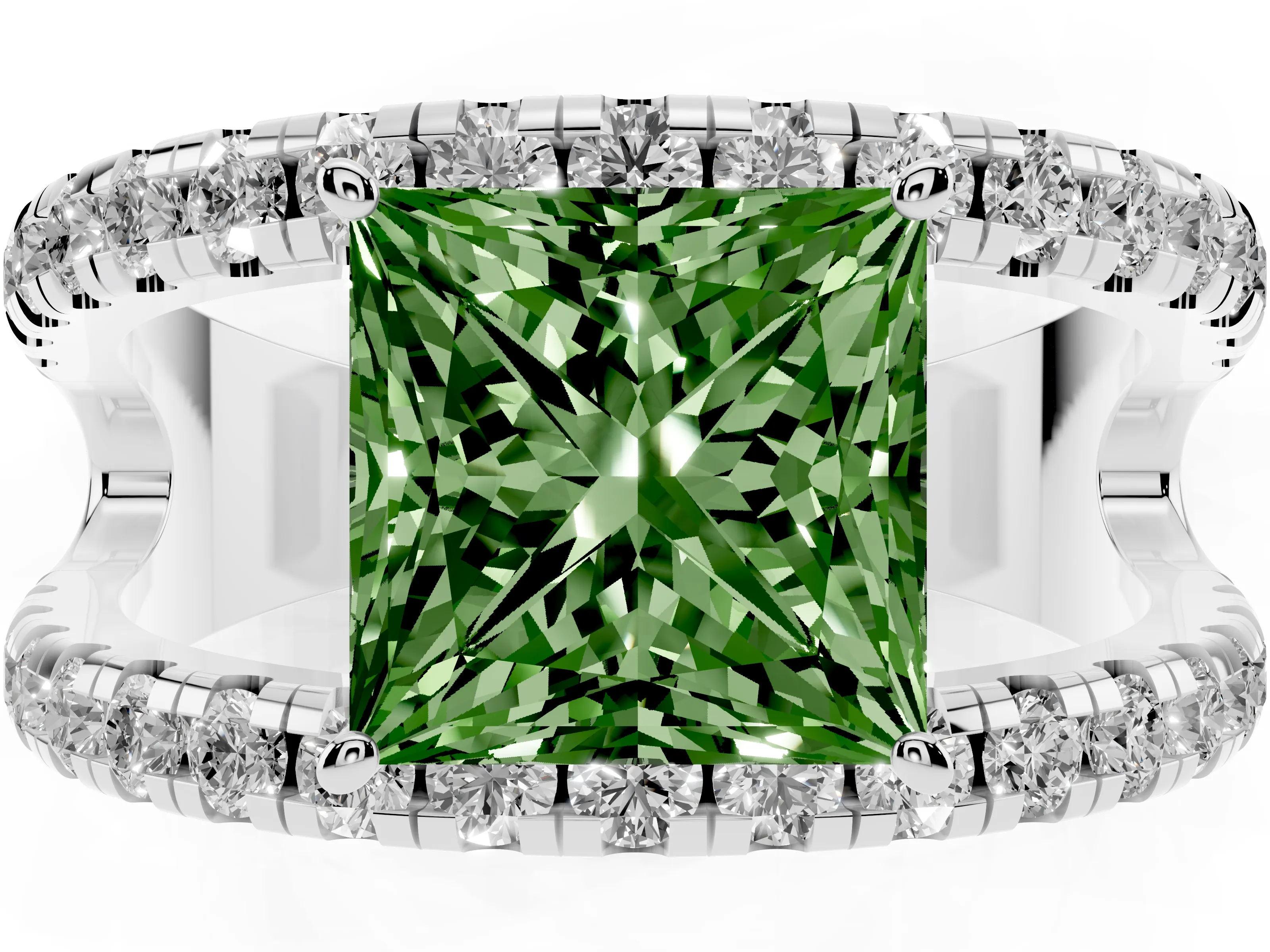 Fancy Green Princess Cut Diamond Split Shank Pavé Solitaire Ring Set in Platinum with Open Shank Design