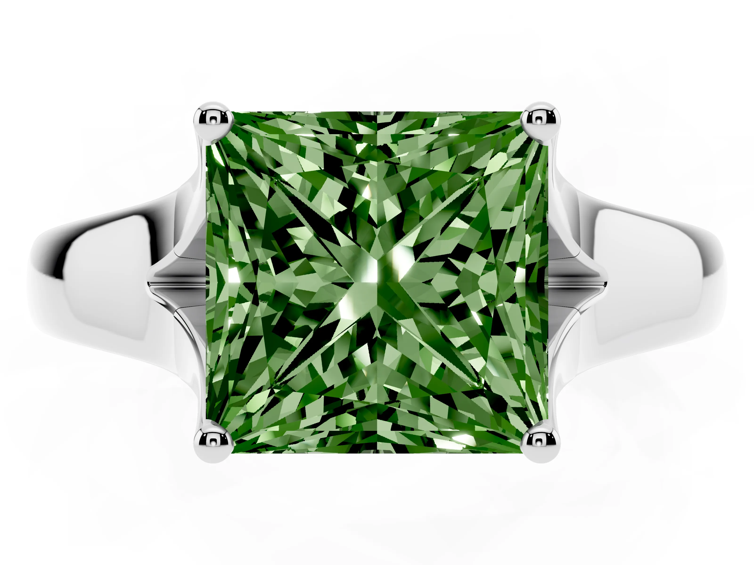 Fancy Green Princess Cut Diamond Solitaire Ring Set in Platinum with Arched Cathedral Band and Prong Setting