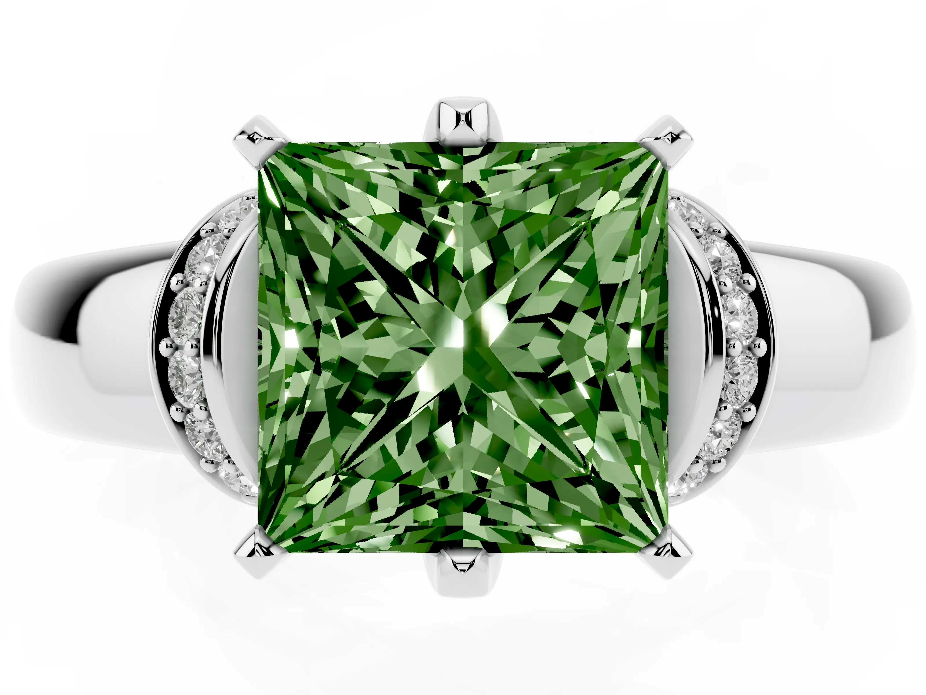 Fancy Green Princess Cut Diamond Pavé Band Solitaire Ring Set in Platinum with Prong Setting