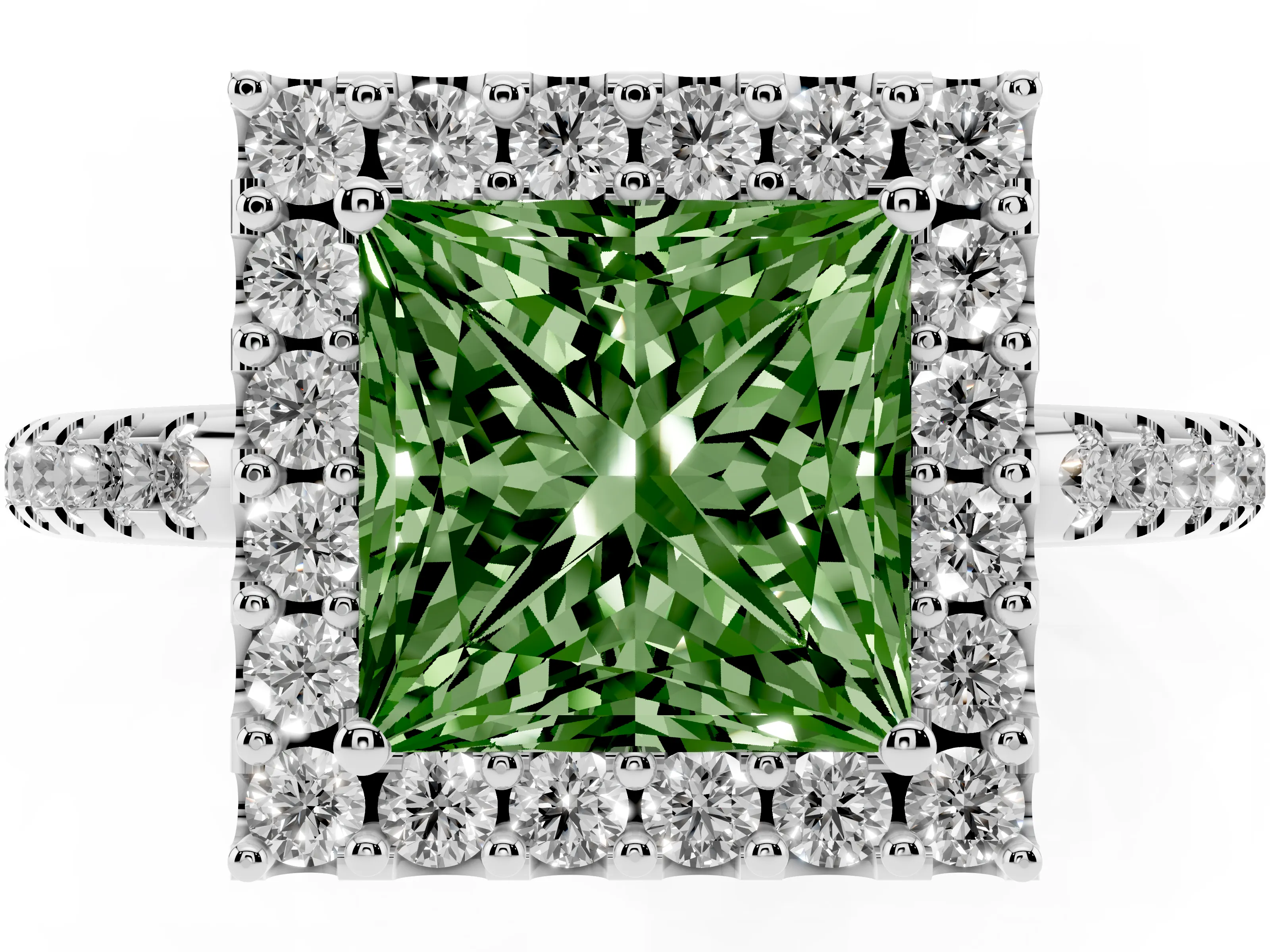 Fancy Green Princess Cut Diamond Pavé Halo Ring Set in Silver with Prong Setting