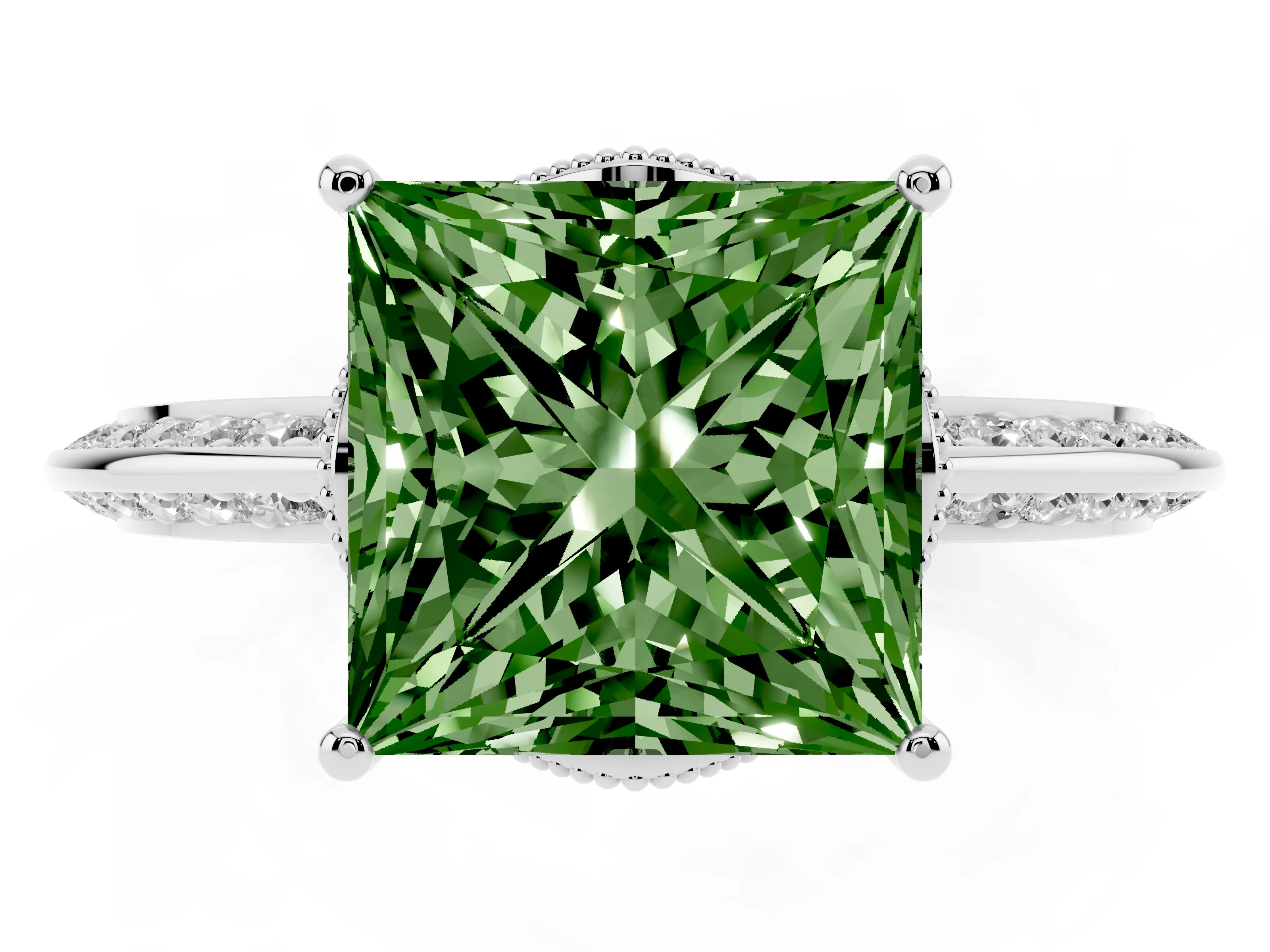 Fancy Green Princess Cut Diamond Solitaire Engagement Ring Set in Silver with Pavé Split Shank and Prong Setting