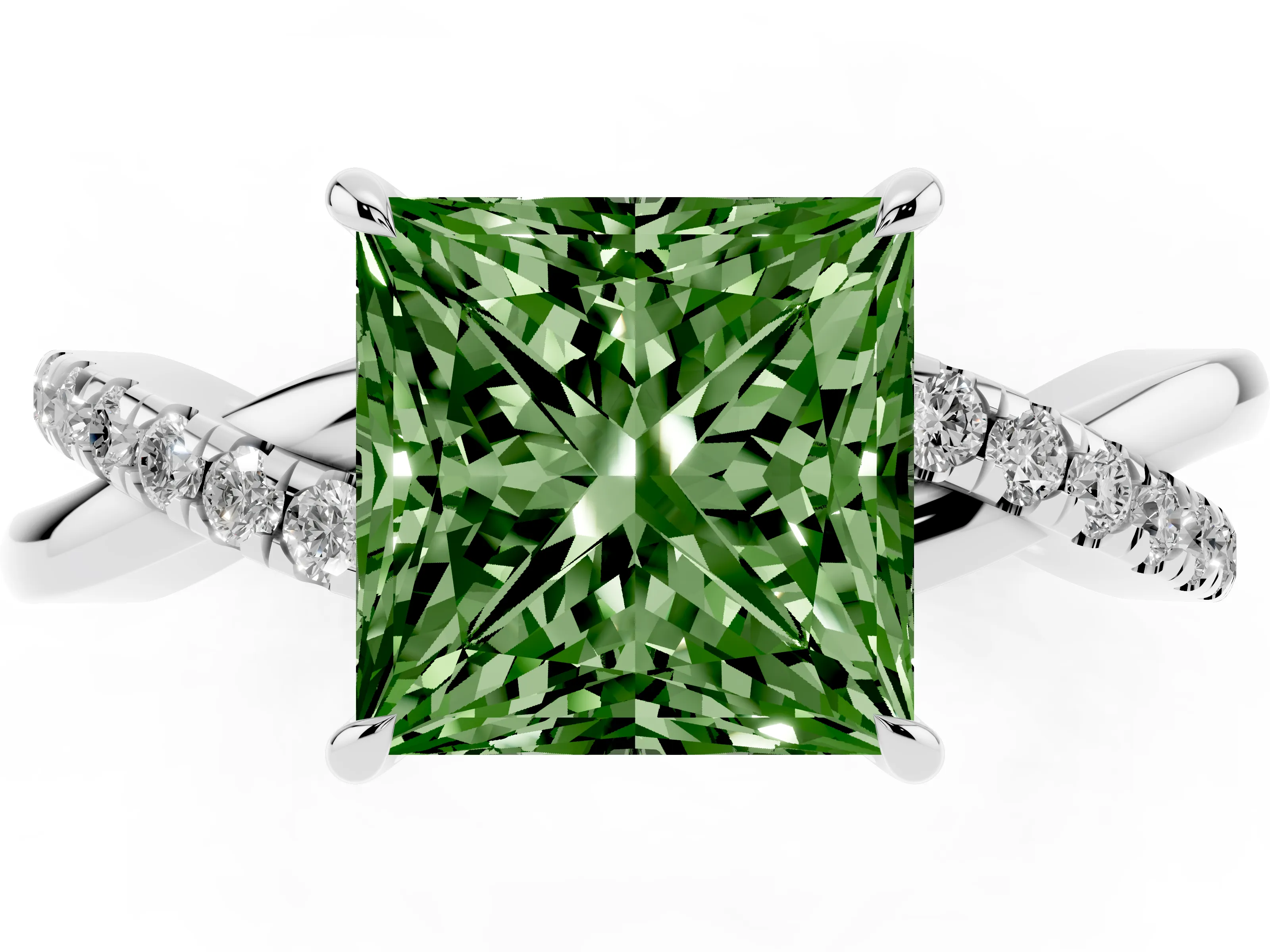 Fancy Green Princess Cut Diamond Twisted Pavé Band Ring Set in Silver with Prong Setting