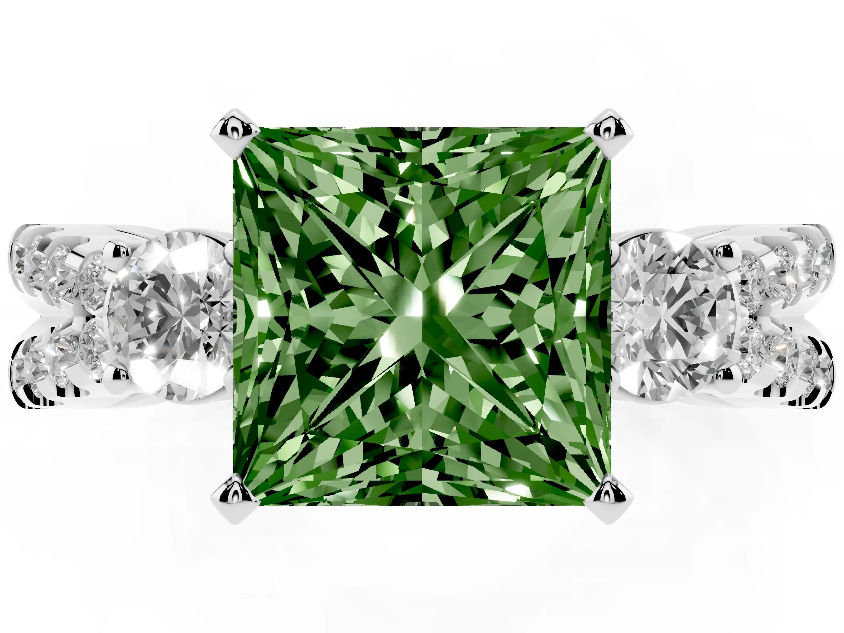Fancy Green Princess Cut Diamond Three-Stone Ring Set in White gold with Pavé Split Shank and Prong Setting
