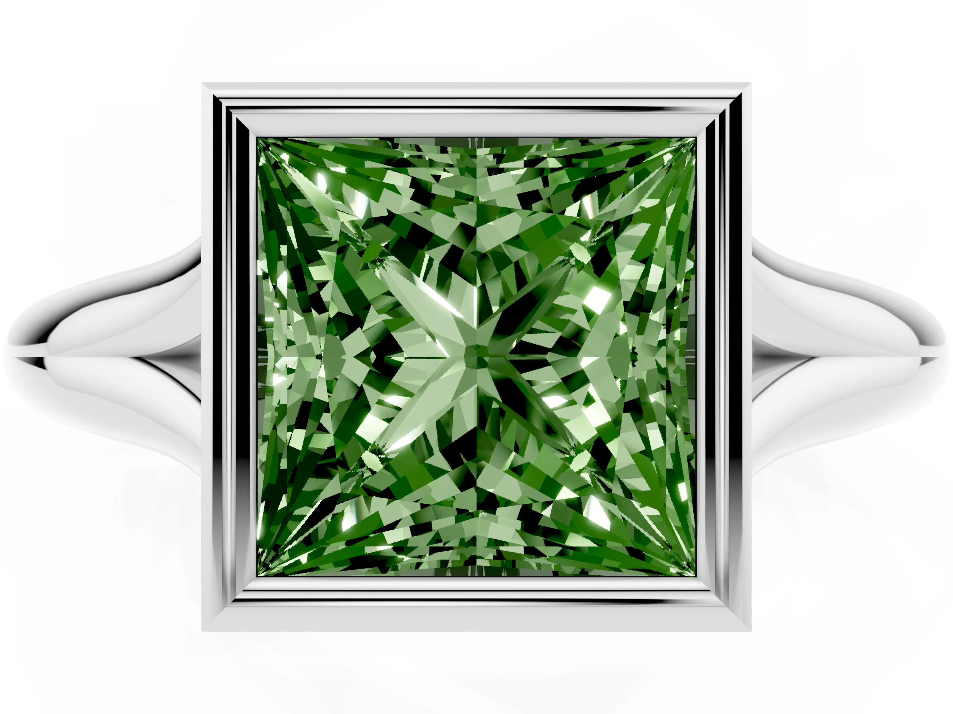 Fancy Green Bezel Set Princess Cut Diamond Solitaire Ring Set in White gold with Smooth Band