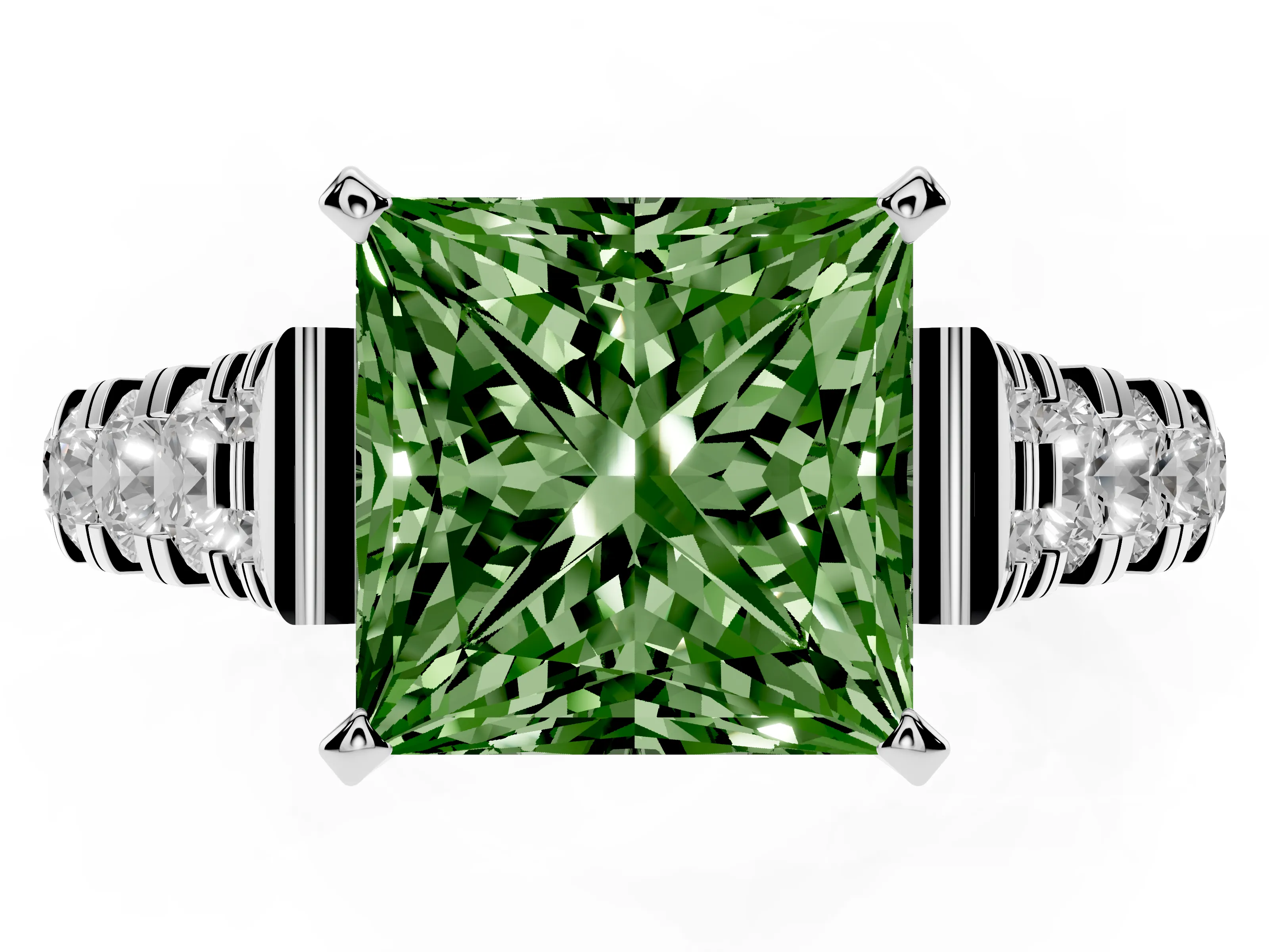 Fancy Green Princess Cut Diamond Classic Solitaire Ring Set in Silver with Pavé Band and Prong Setting