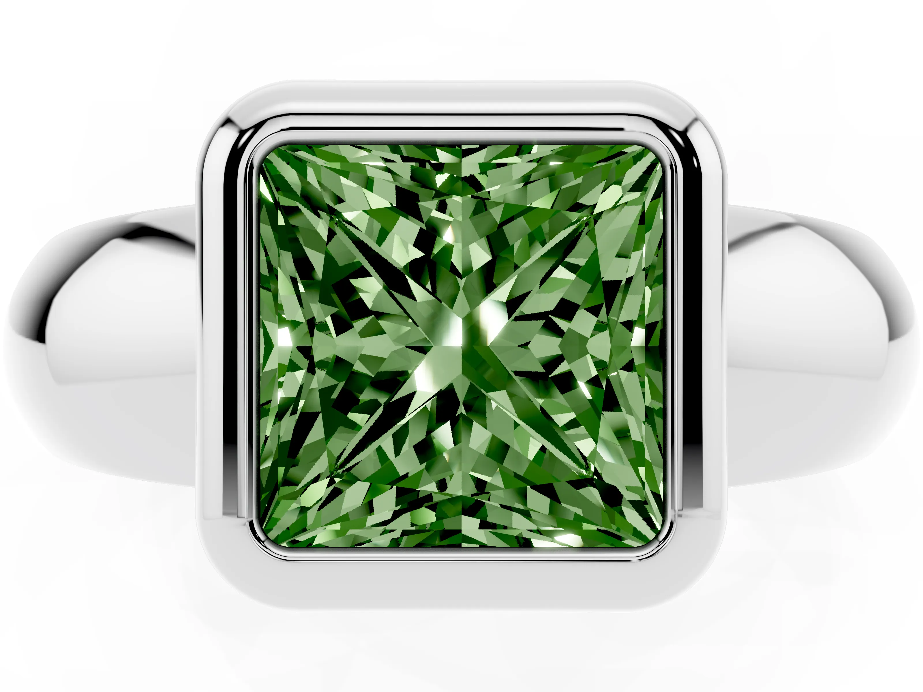 Fancy Green Bezel Set Princess Cut Diamond Solitaire Ring Set in White gold with Wide Band