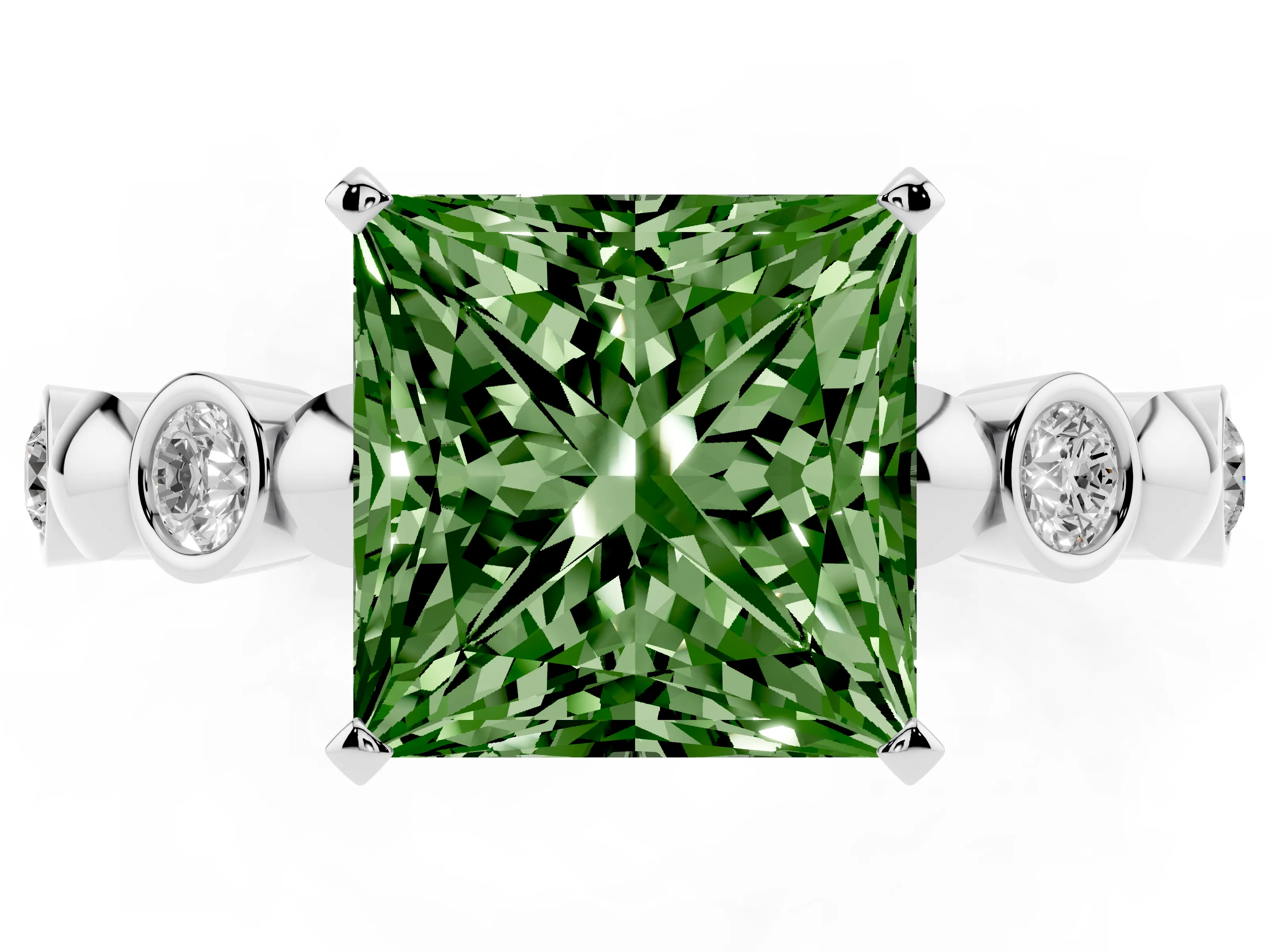 Fancy Green Princess Cut Diamond Solitaire Ring Set in Silver with Bezel-Set Accents on Beaded Band and Prong Setting