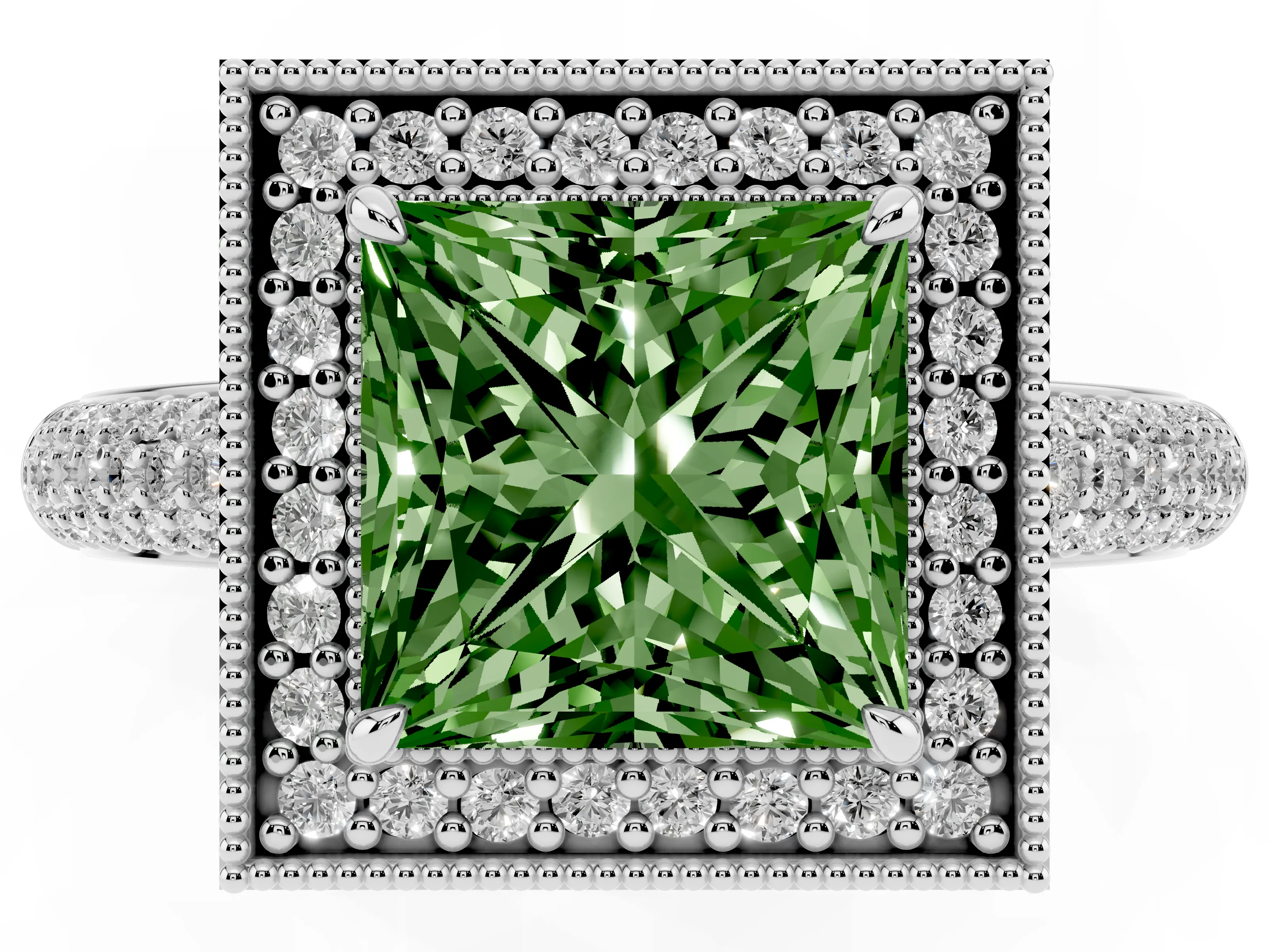 Fancy Green Princess Cut Diamond Halo Pavé Band Set in Platinum with Prong Setting