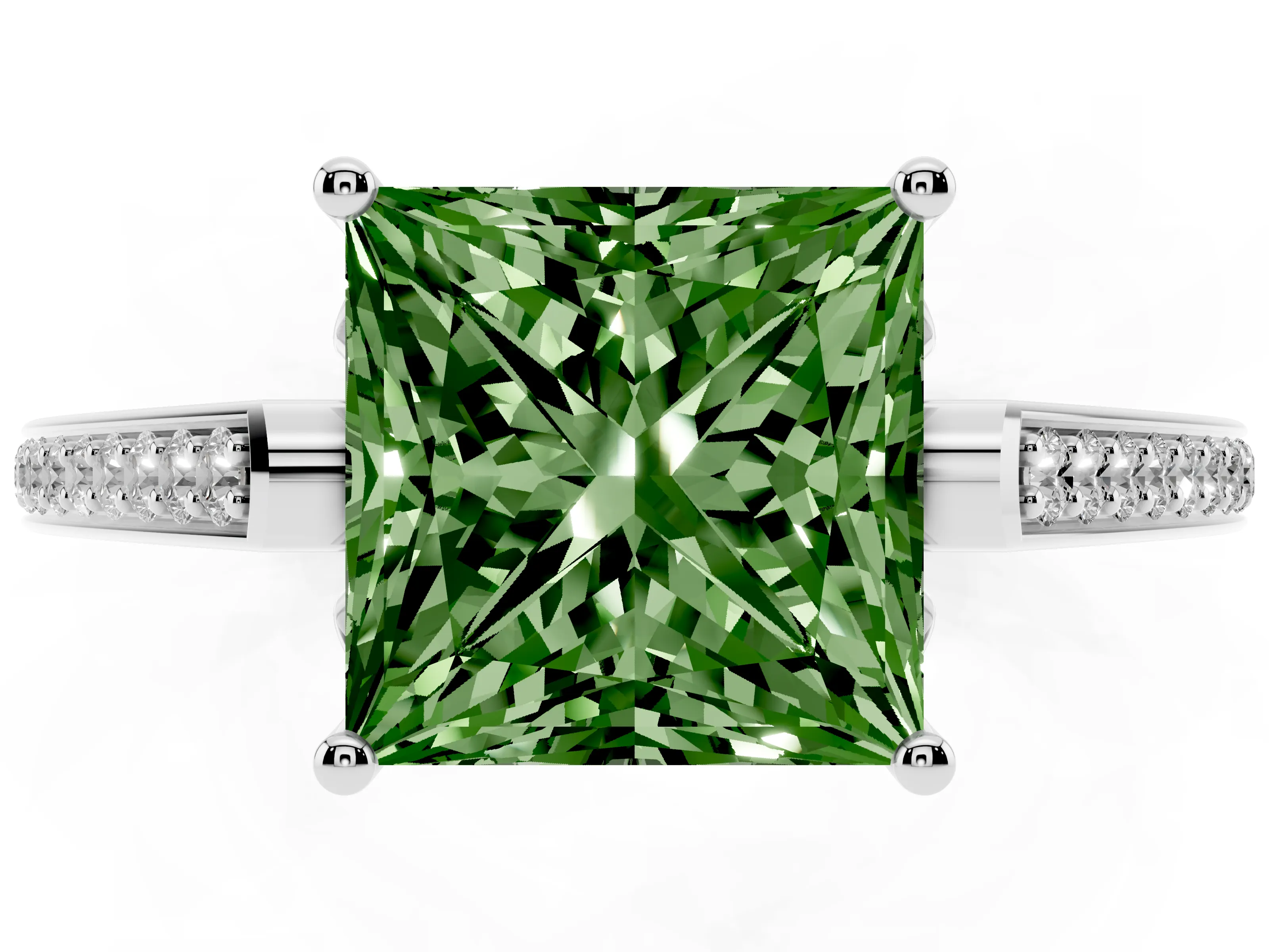 Fancy Green Princess Cut Diamond Cathedral Pavé Engagement Ring Set in Silver with Prong Setting