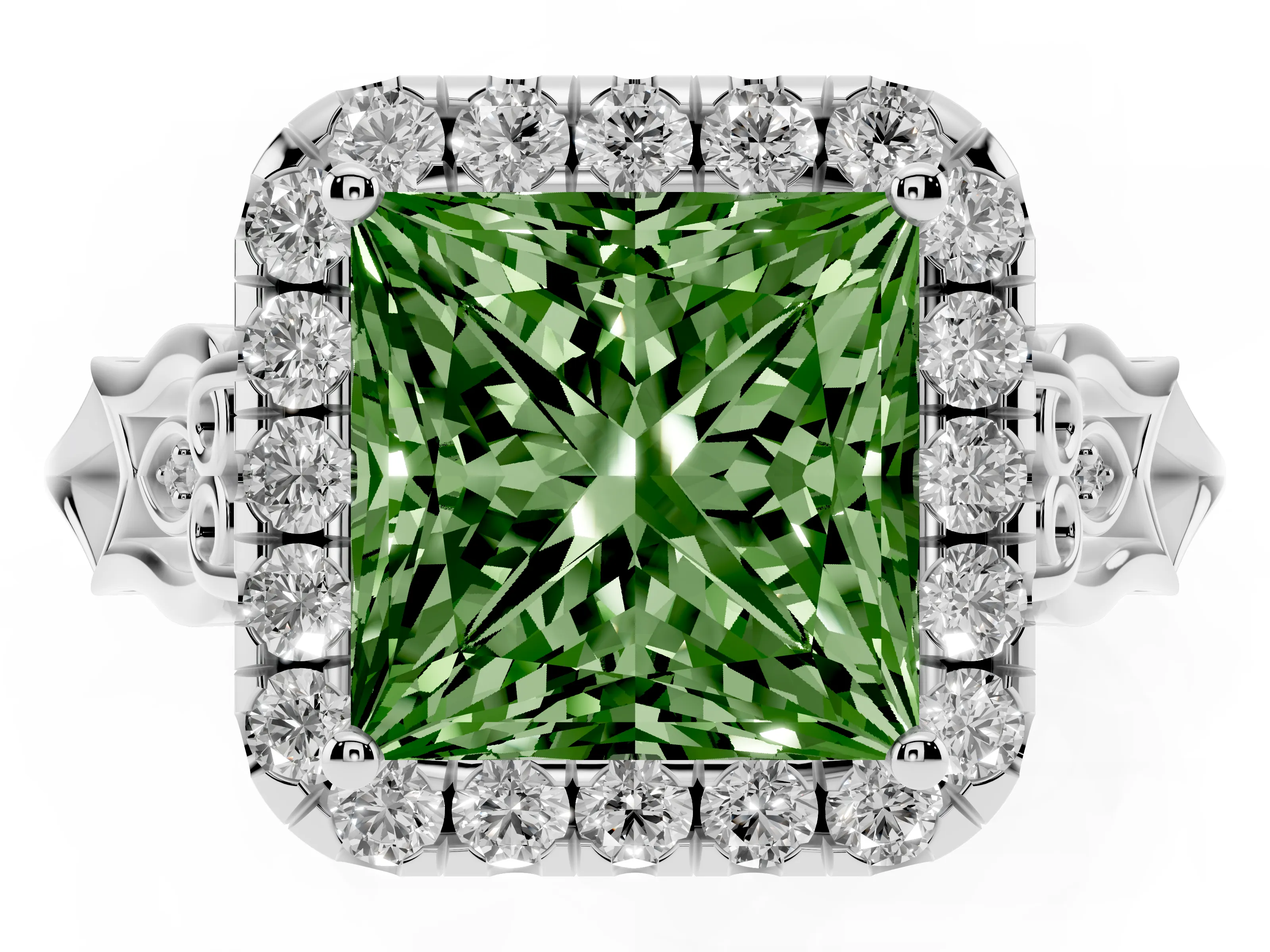 Fancy Green Princess Cut Diamond Halo Engagement Ring Set in White gold with Filigree Band and Prong-Set Center