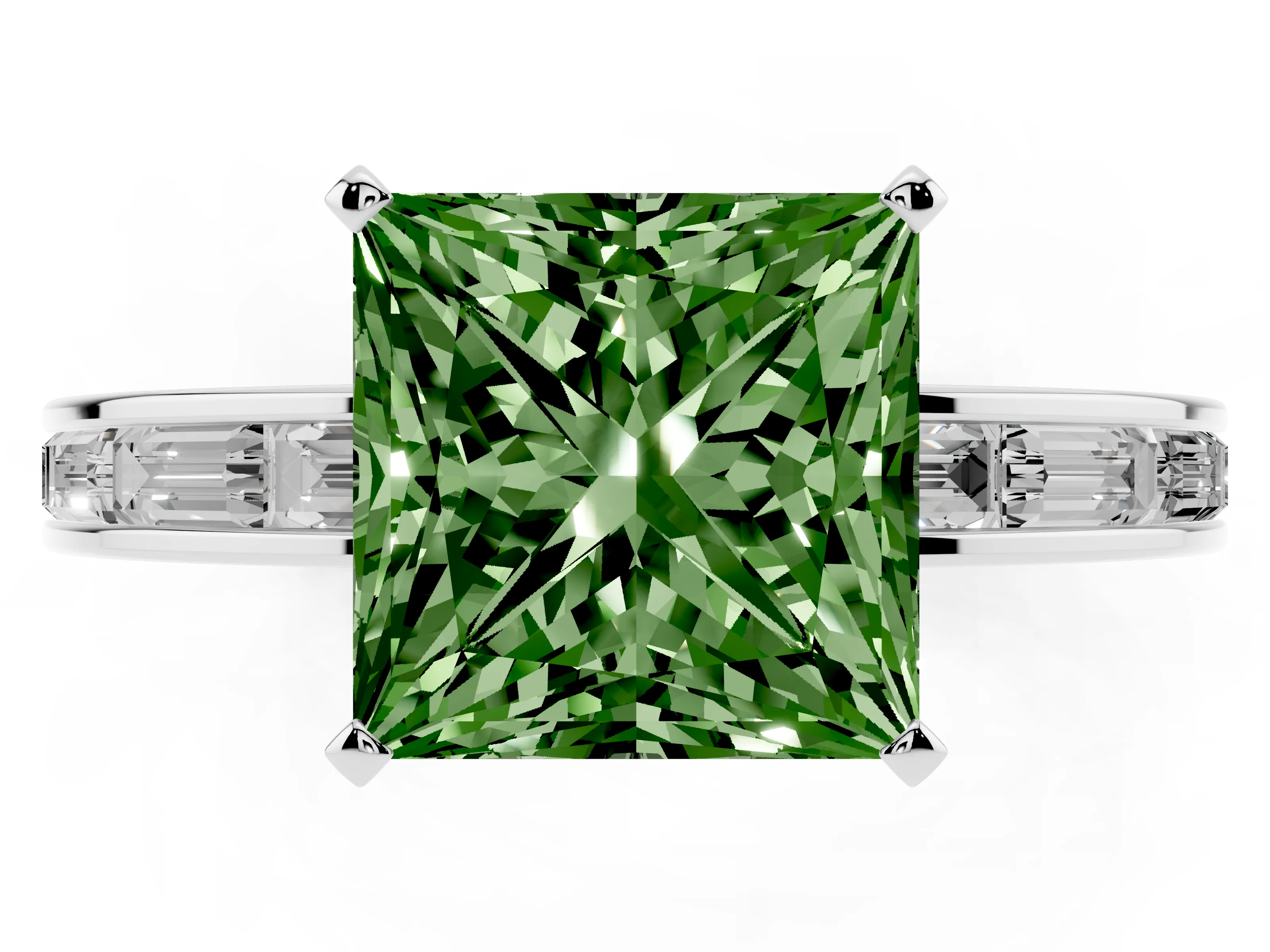 Fancy Green Princess Cut Diamond Solitaire Ring Set in Platinum with Channel-Set Baguette Band and Prong Setting