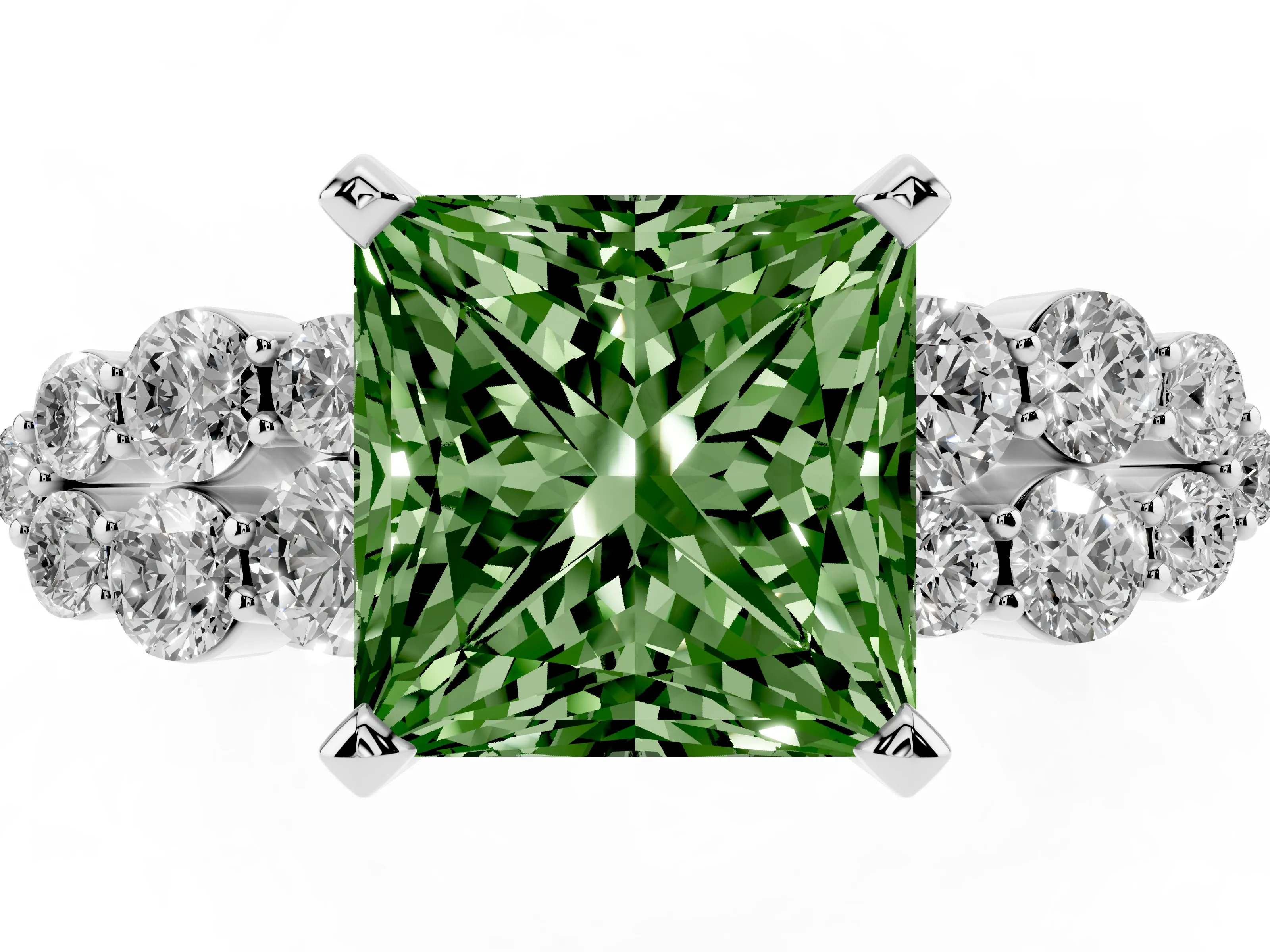 Fancy Green Princess Cut Diamond Cluster Engagement Ring Set in Platinum with Pavé Band and Prong Setting