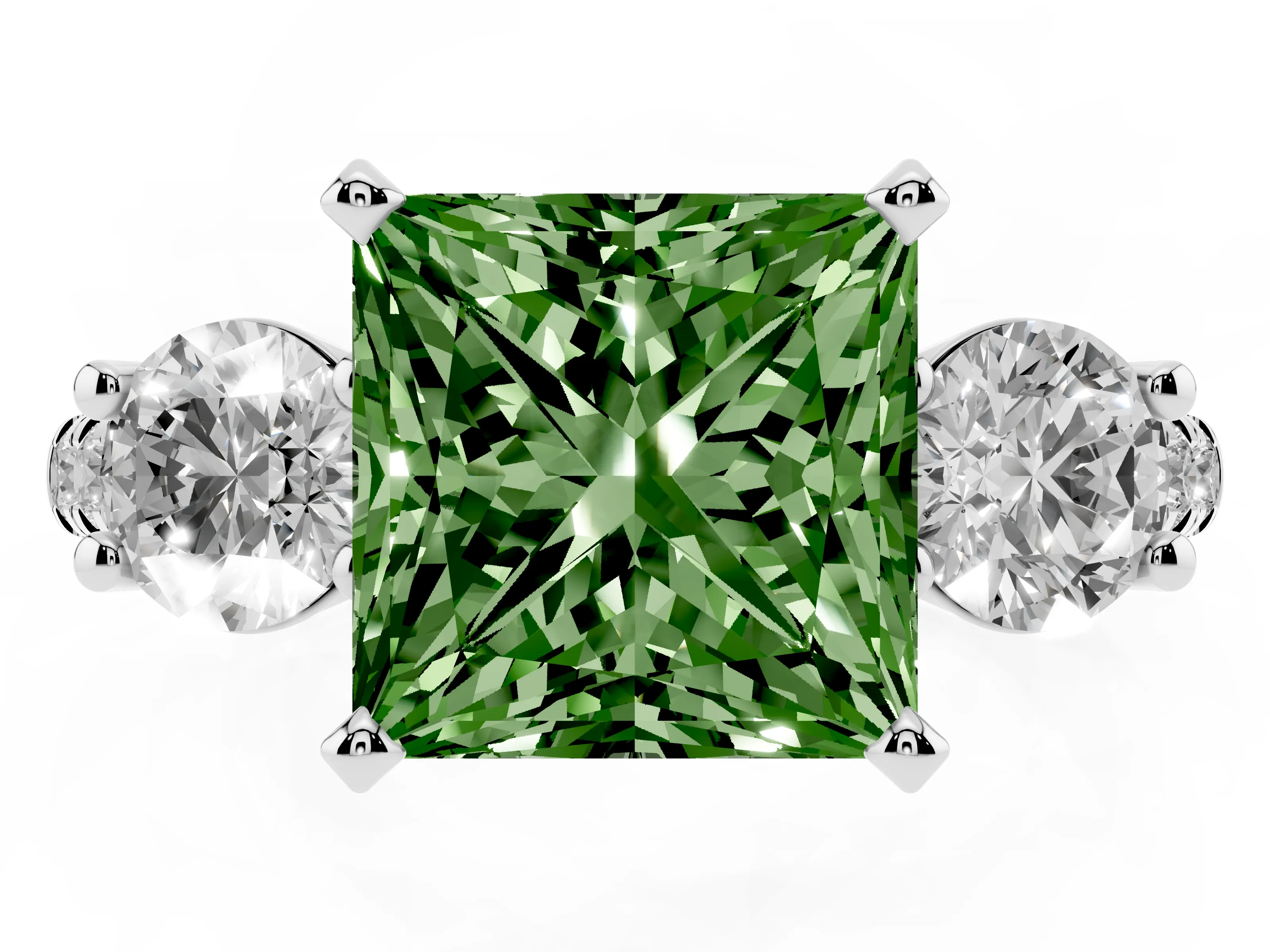 Fancy Green Three-Stone Princess Cut Diamond Pavé Band Ring Set in Platinum with Prong-Set Trio