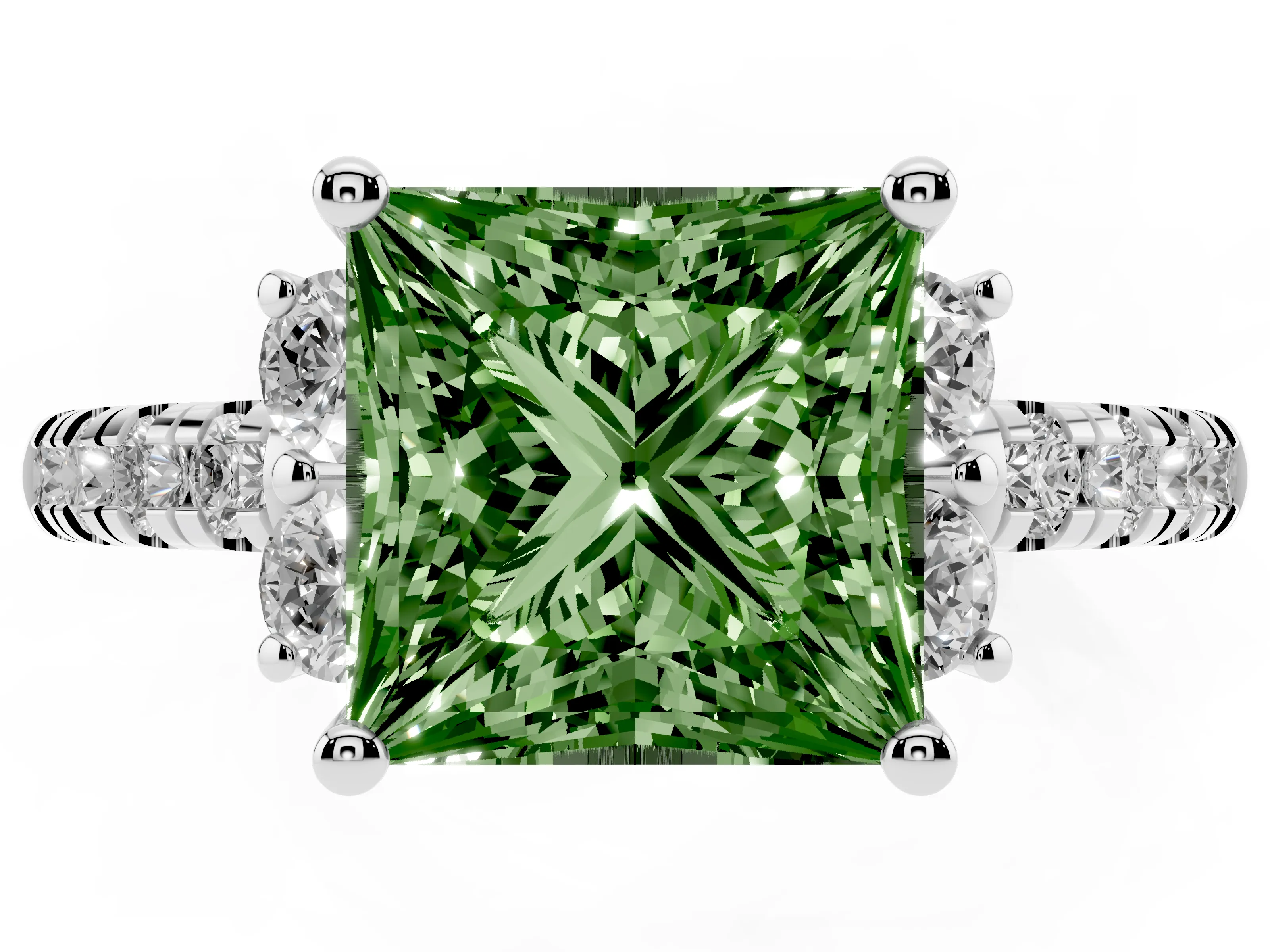 Fancy Green Princess Cut Diamond Three-Stone Pavé Ring Set in Platinum with Prong Setting