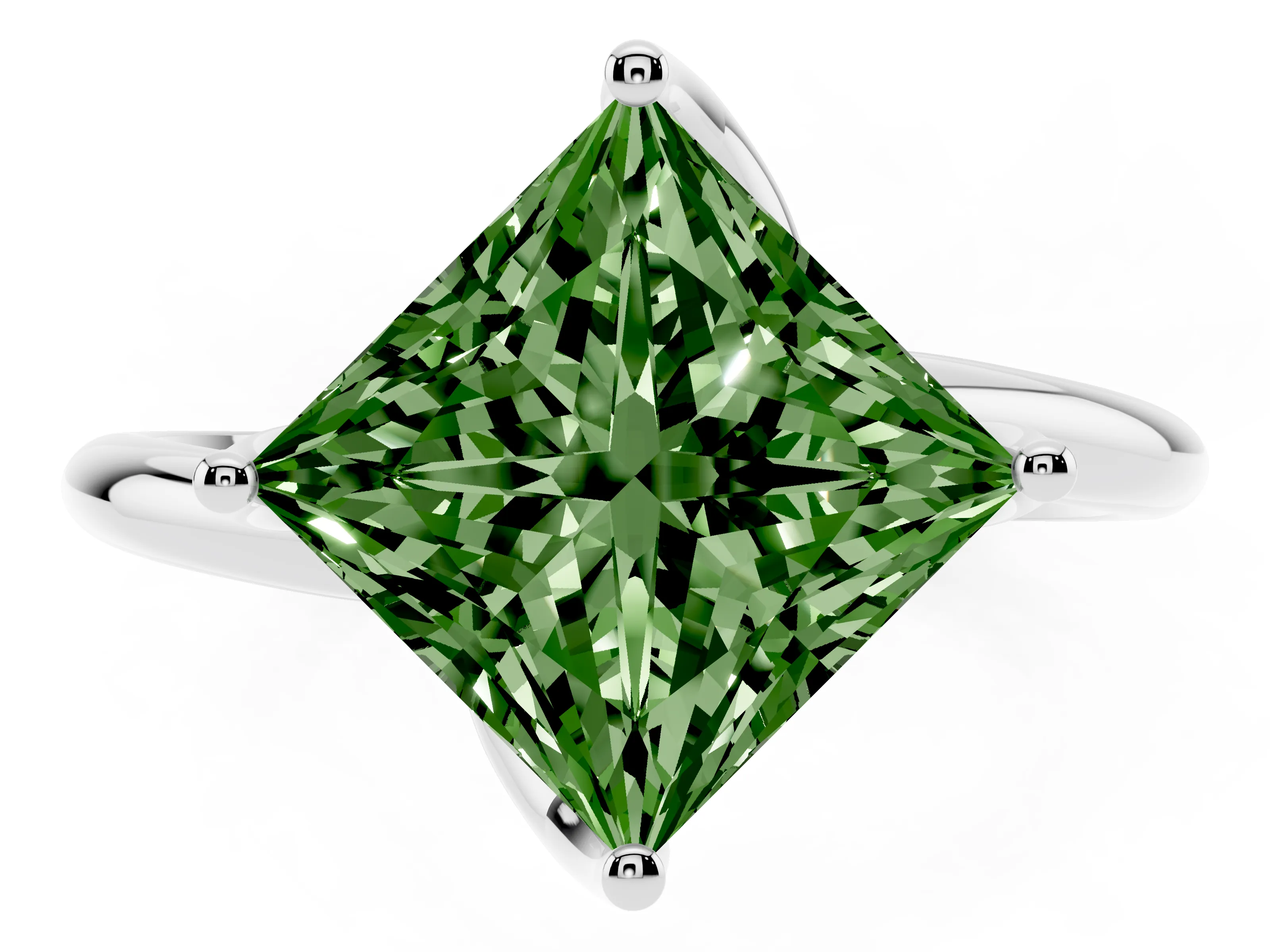 Fancy Green Princess Cut Diamond Solitaire Engagement Ring Set in Silver with Classic Plain Band