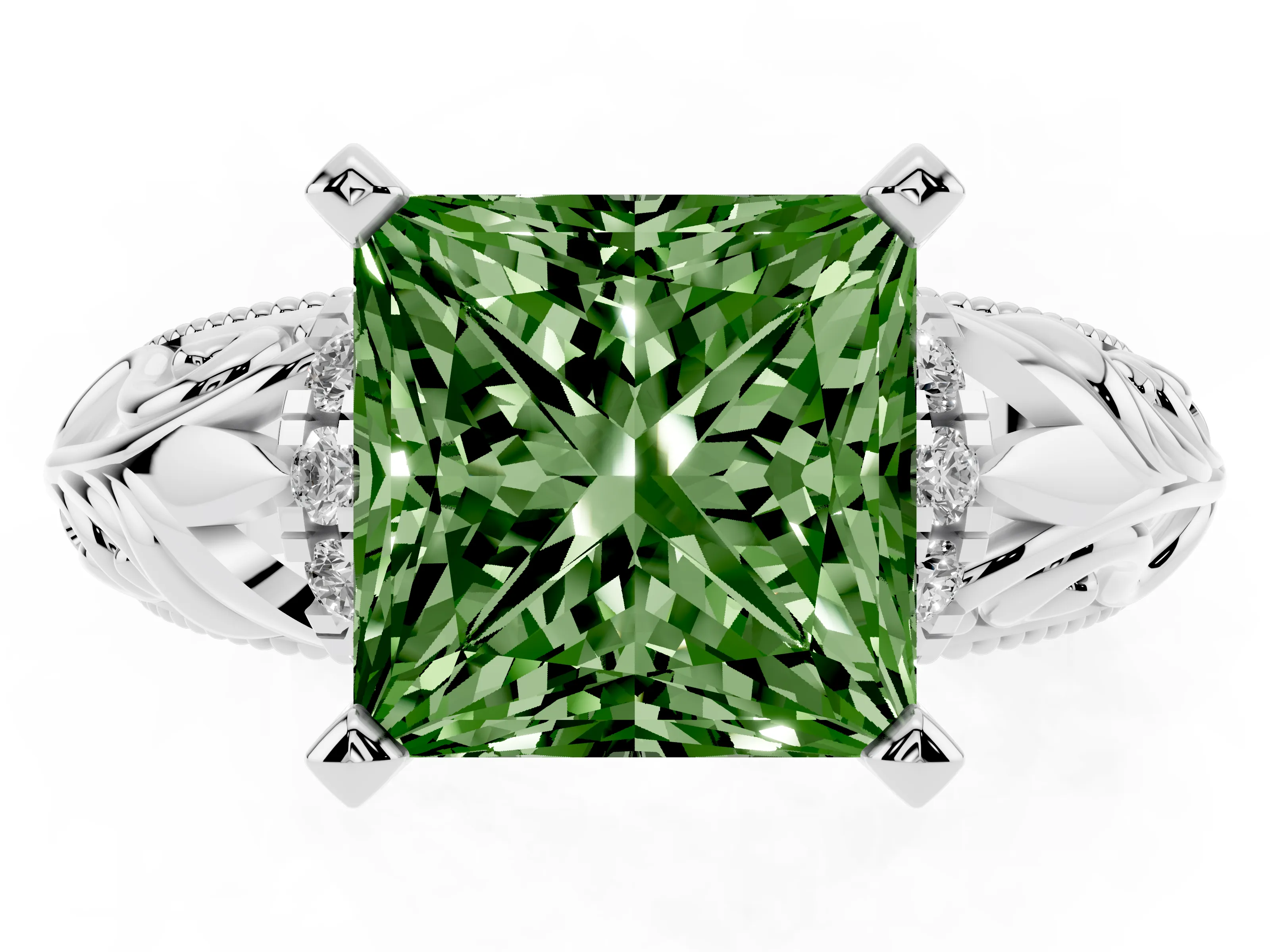 Fancy Green Princess Cut Diamond Filigree Halo Engagement Ring Set in Silver with Prong Setting