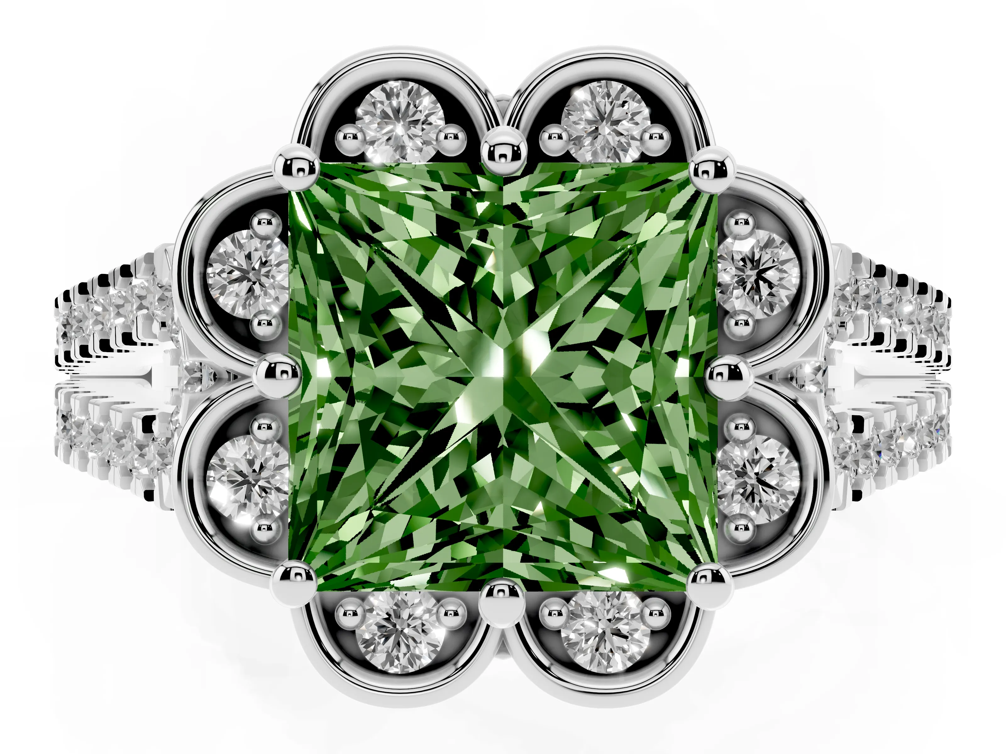 Fancy Green Princess Cut Diamond Floral Halo Split Shank Engagement Ring Set in Silver with Pavé Shank