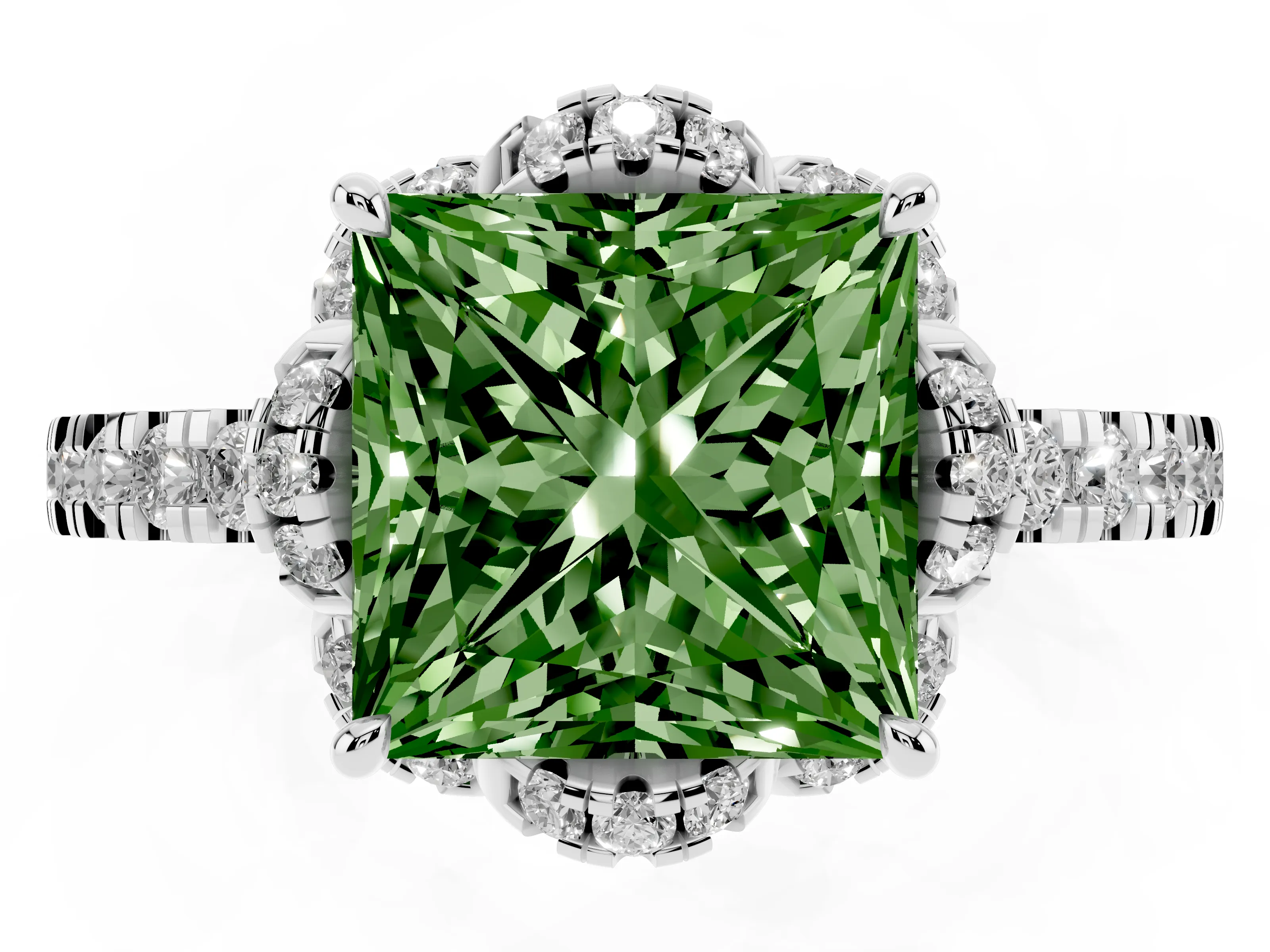 Fancy Green Princess Cut Diamond Halo Pavé Band Ring Set in Platinum with Prong-Held Center