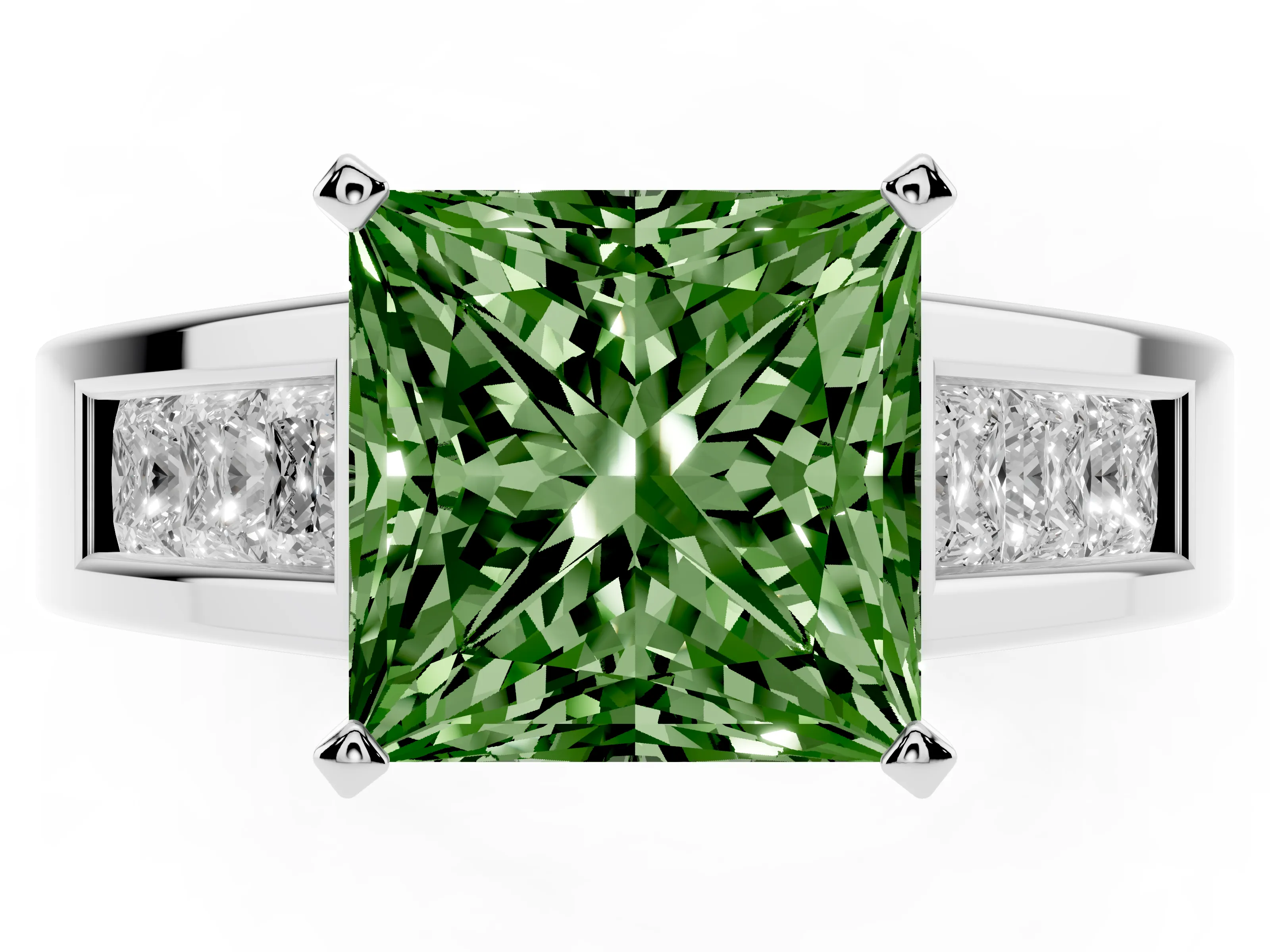 Fancy Green Princess Cut Diamond Solitaire Ring Set in Silver with Channel-Set Accent Stones and Prong Setting