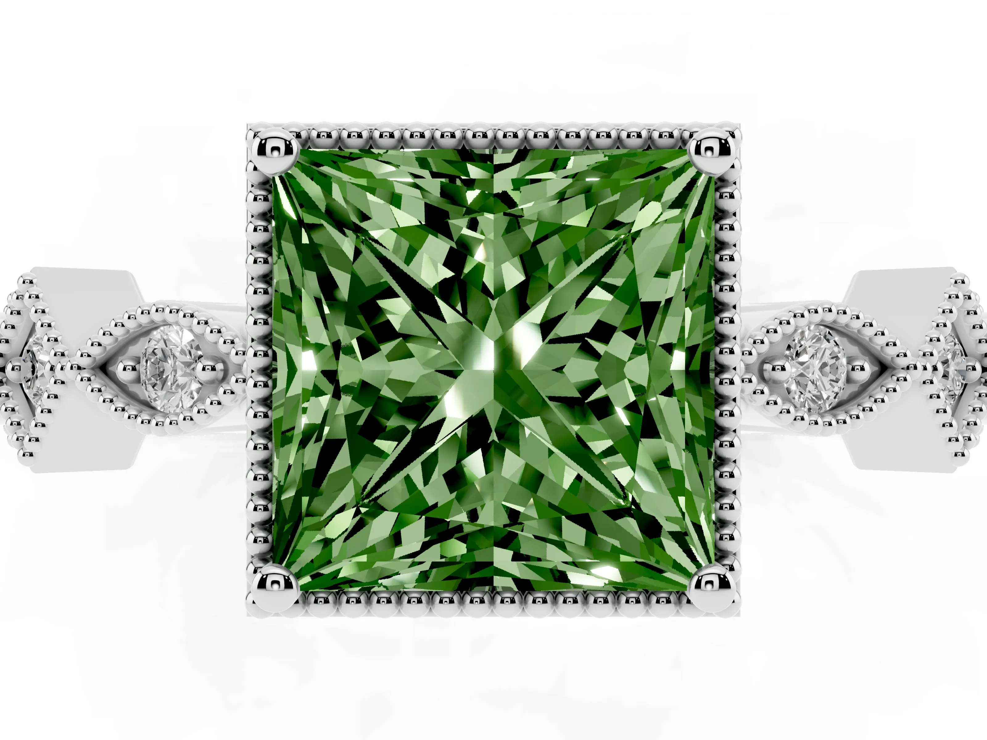 Fancy Green Princess Cut Diamond Milgrain Marquise Twist Band Ring Set in White gold with Prong Setting