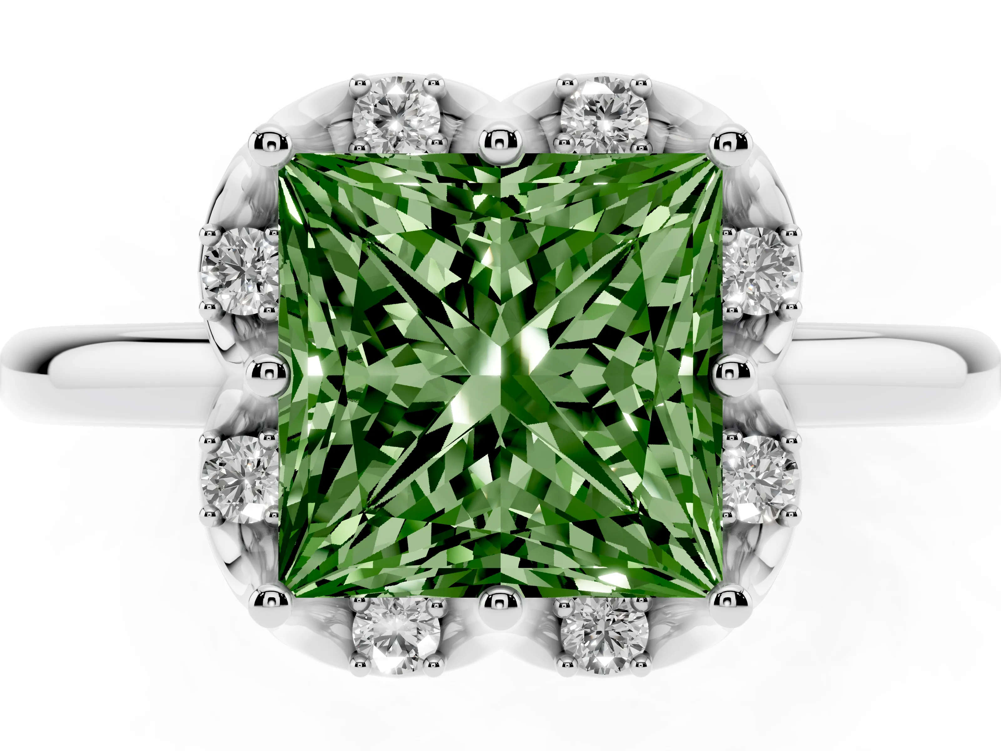 Fancy Green Princess Cut Diamond Round Cluster Halo Ring Set in White gold with Solitaire Band and Prong Setting