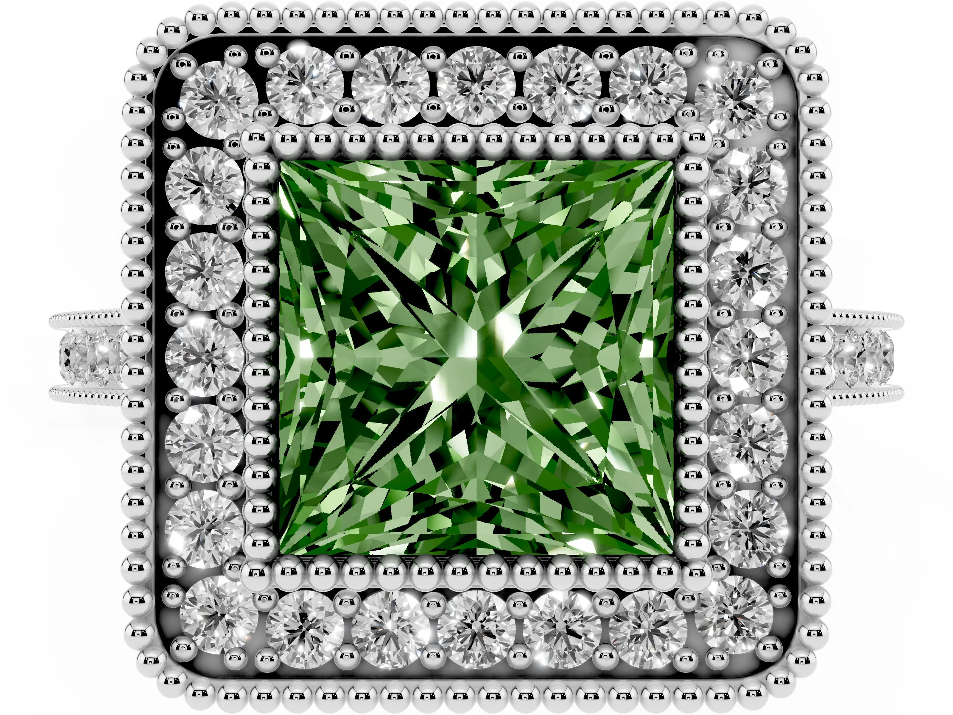 Fancy Green Princess Cut Diamond Halo Ring Set in Platinum with Milgrain Frame and Pavé Band