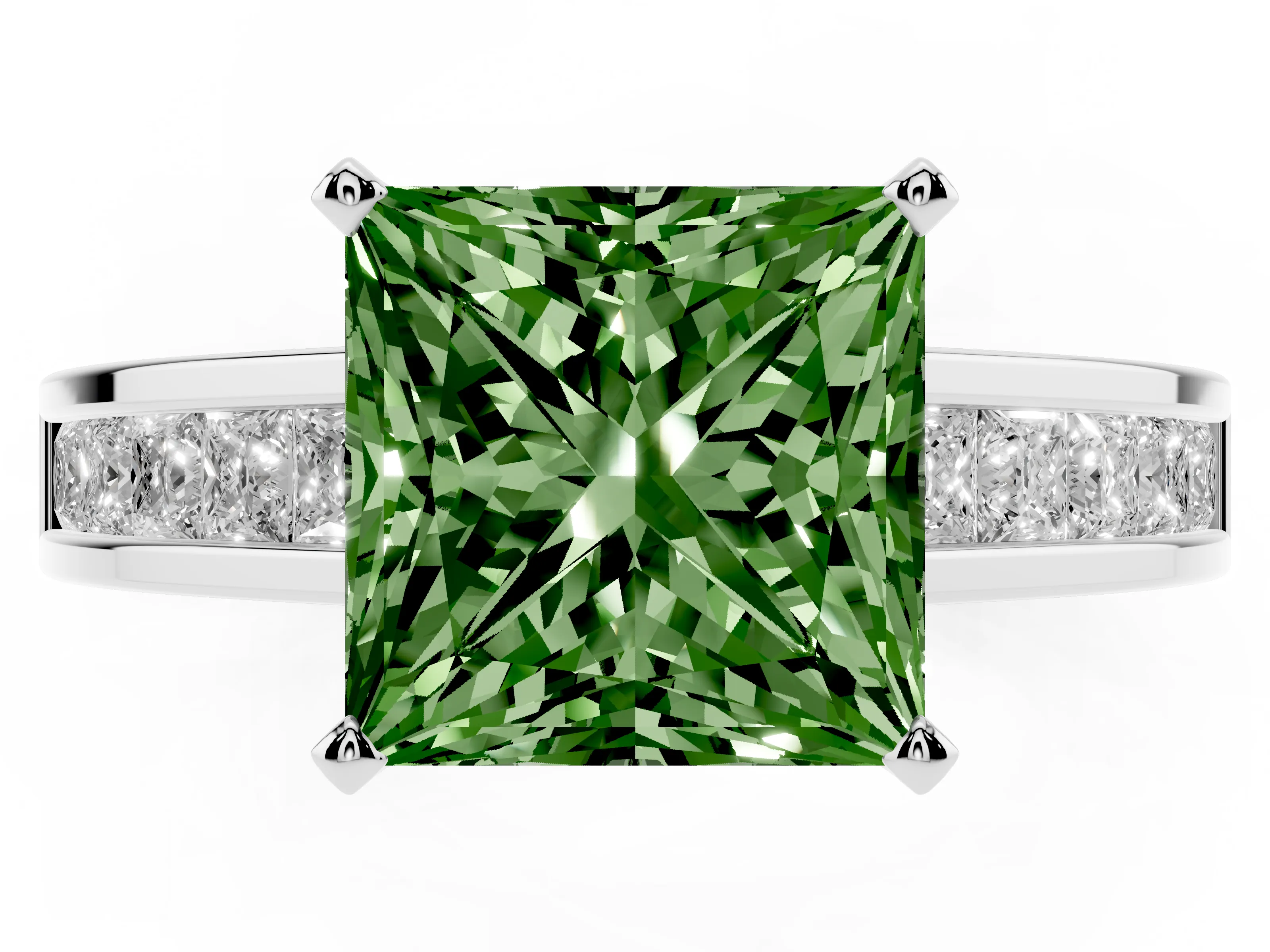 Fancy Green Princess Cut Diamond Solitaire Ring Set in Platinum with Channel-Set Band and Prong Setting