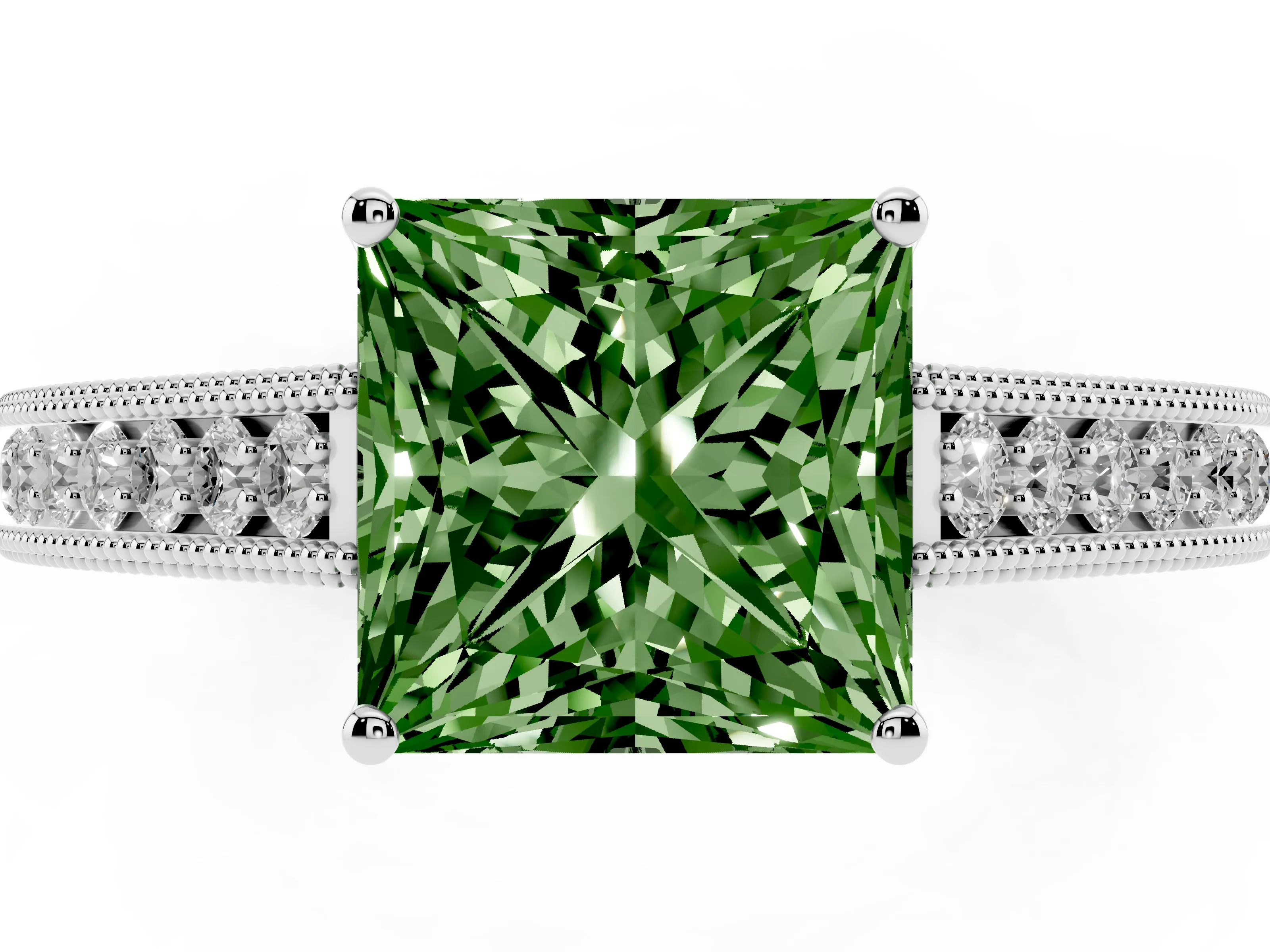 Fancy Green Princess Cut Diamond Milgrain Pavé Band Solitaire Ring Set in Platinum with Prong Setting