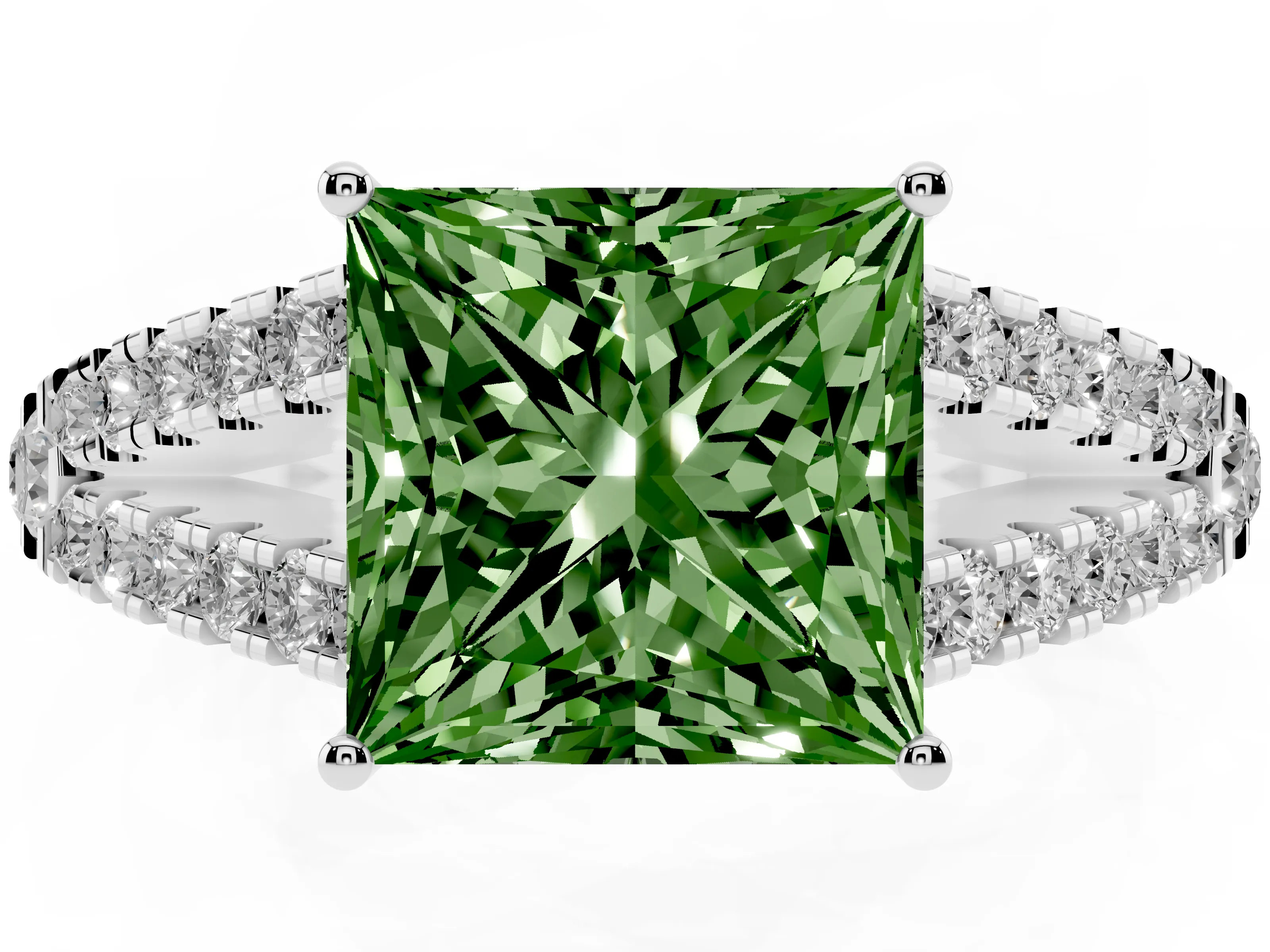 Fancy Green Princess Cut Diamond Split Shank Pavé Engagement Ring Set in White gold with Prong-Held Center Stone