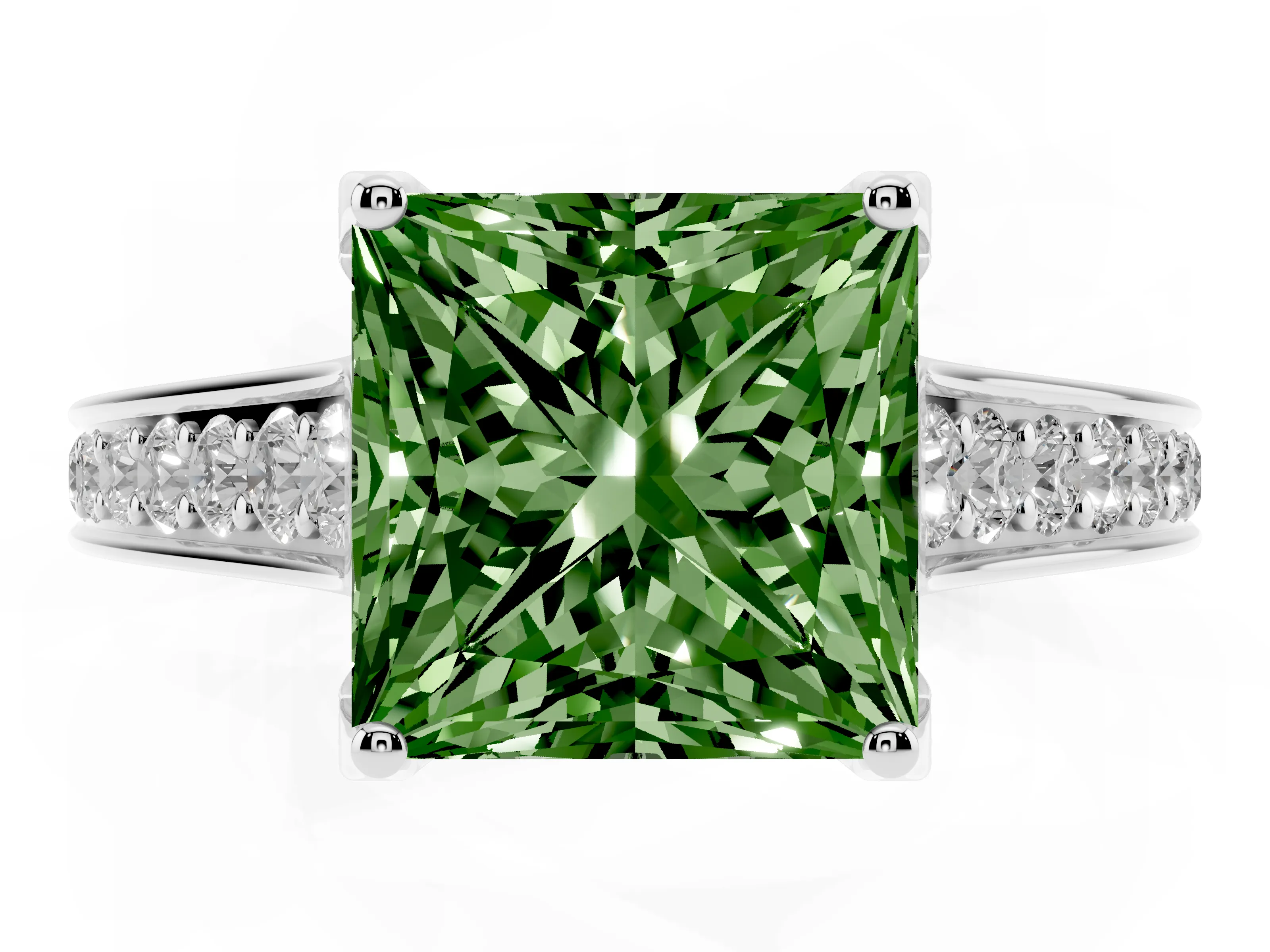 Fancy Green Princess Cut Diamond Solitaire Pavé Engagement Ring Set in Silver with Prong Setting