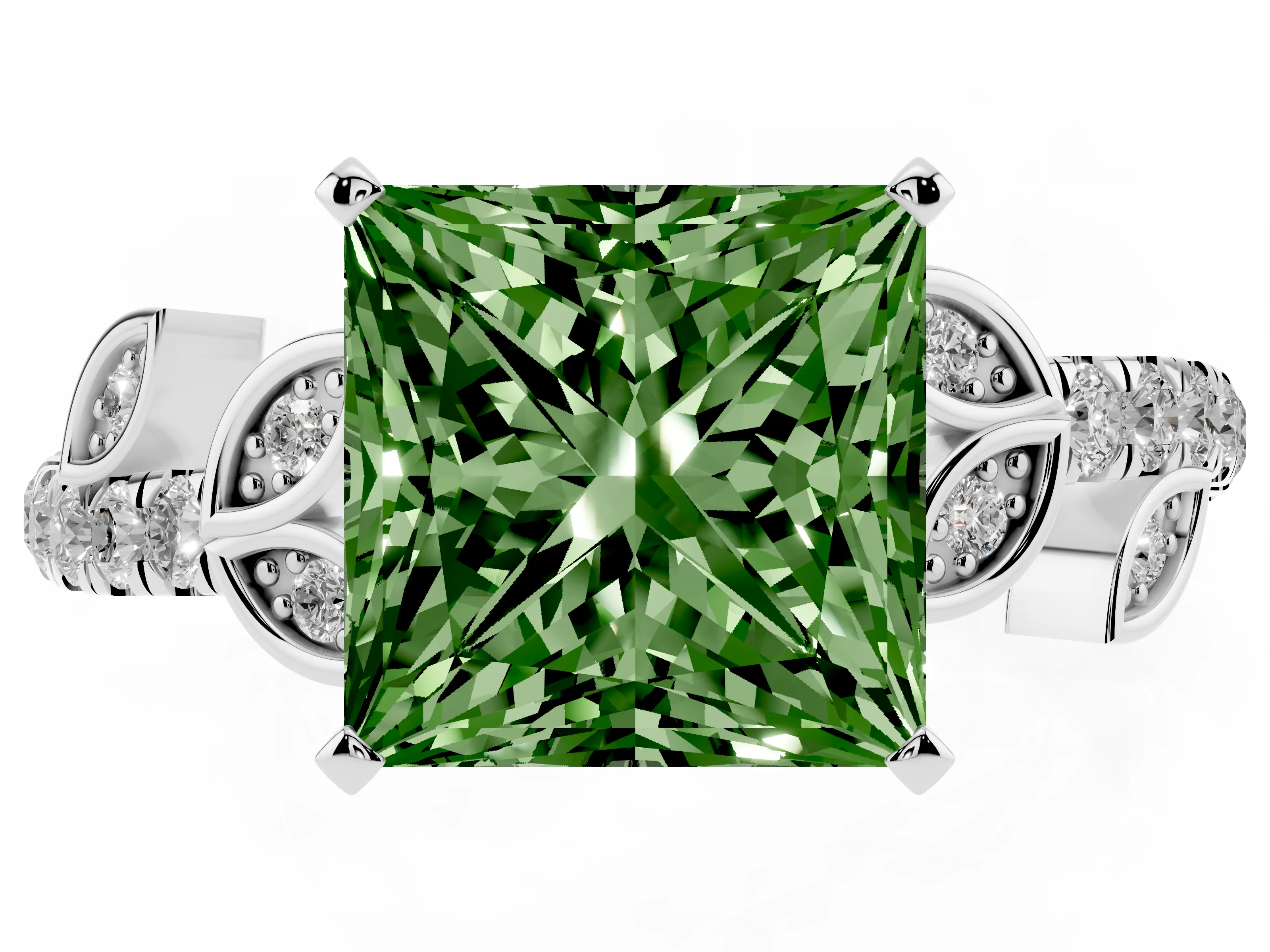Fancy Green Princess Cut Diamond Solitaire Leaf-Inspired Ring Set in White gold with Pavé Band and Prong Setting