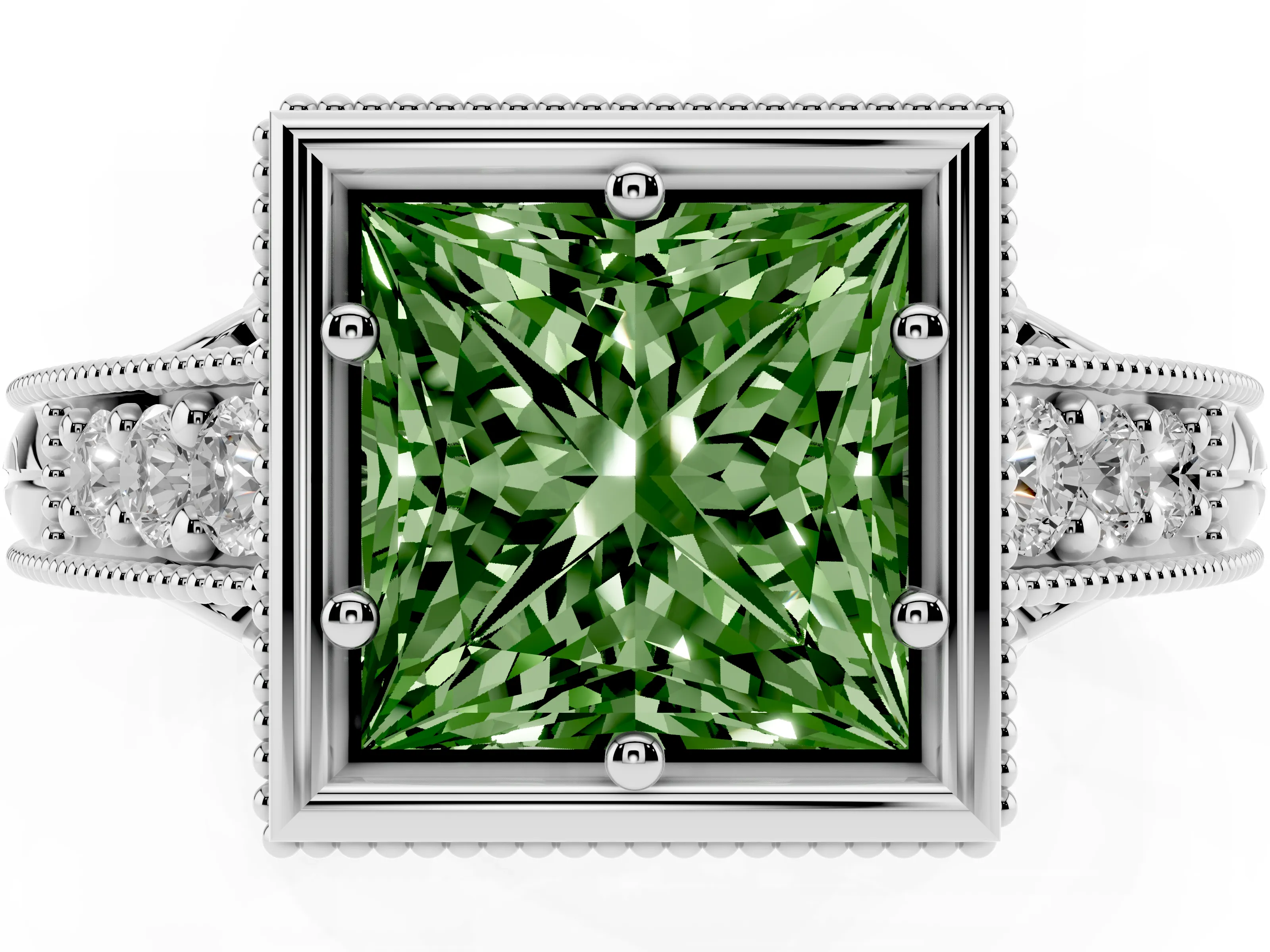 Fancy Green Bezel Set Princess Cut Diamond Milgrain Pavé Engagement Ring Set in Silver