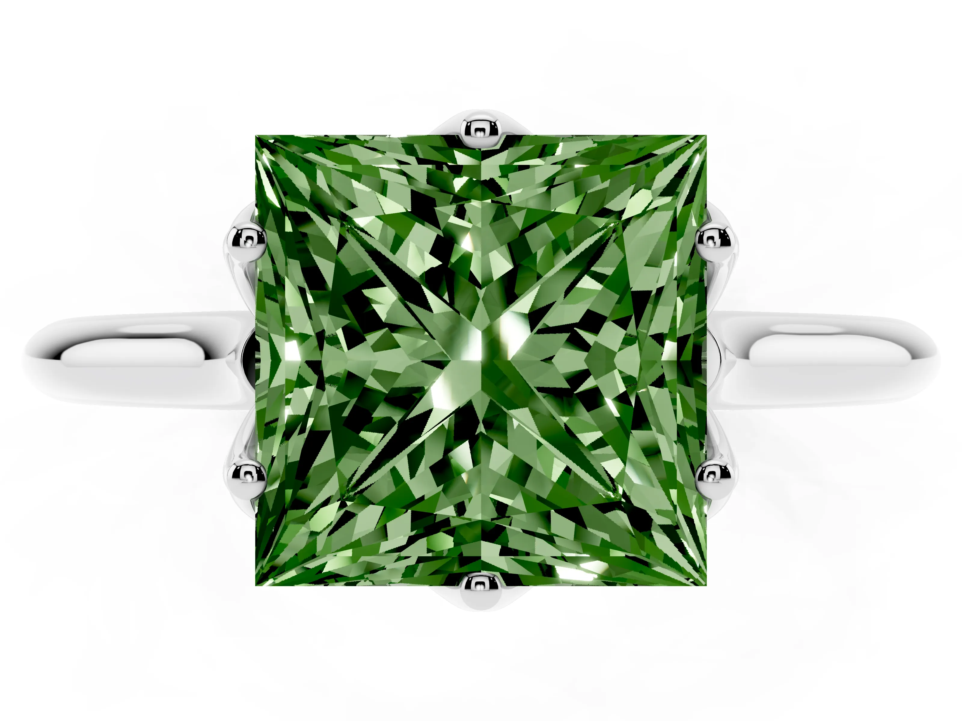 Fancy Green Princess Cut Diamond Solitaire Cathedral Ring Set in Silver with Prong Setting