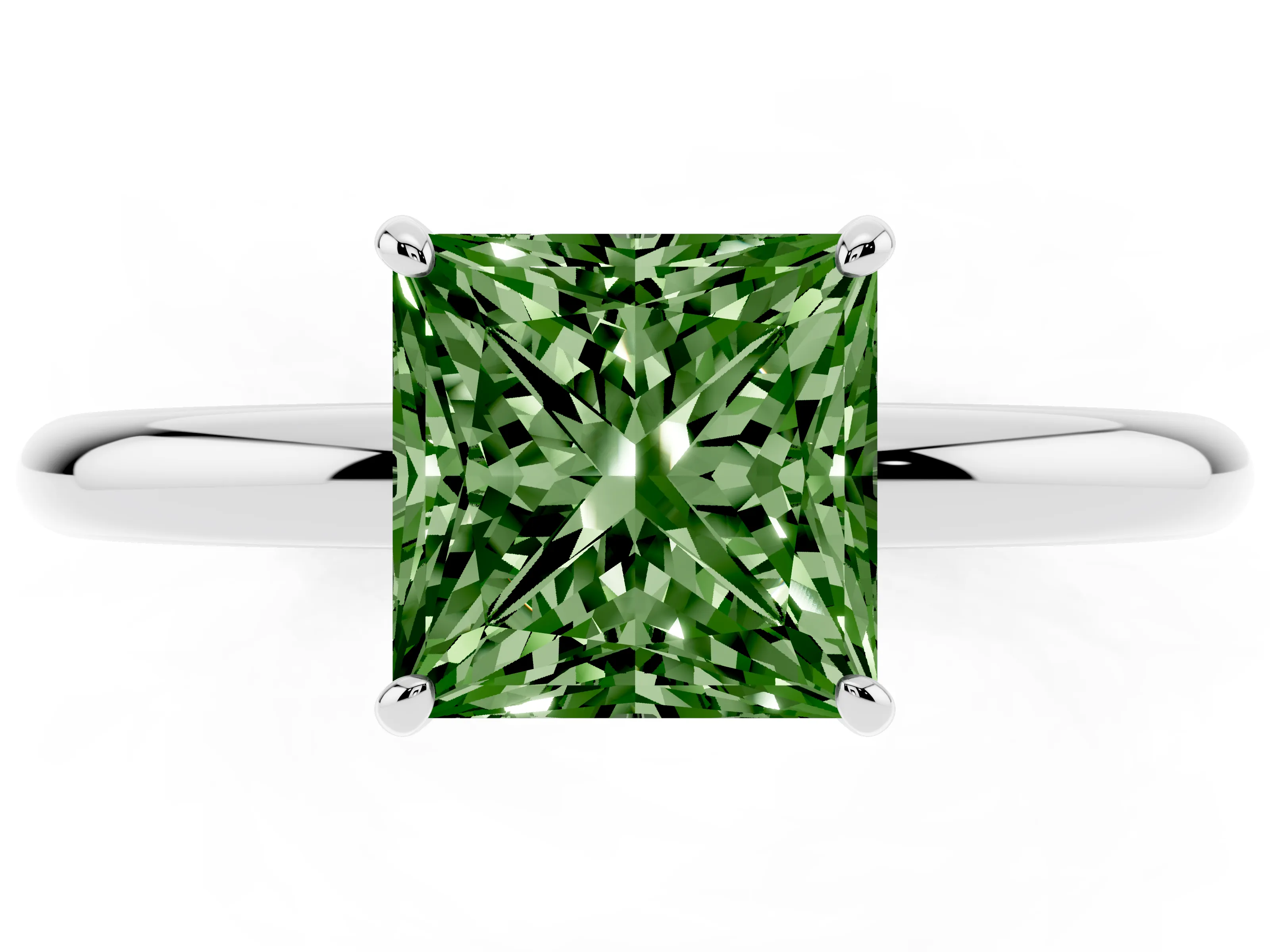 Fancy Green Princess Cut Diamond Solitaire Ring Set in Silver with Prong Setting on a Polished Plain Band