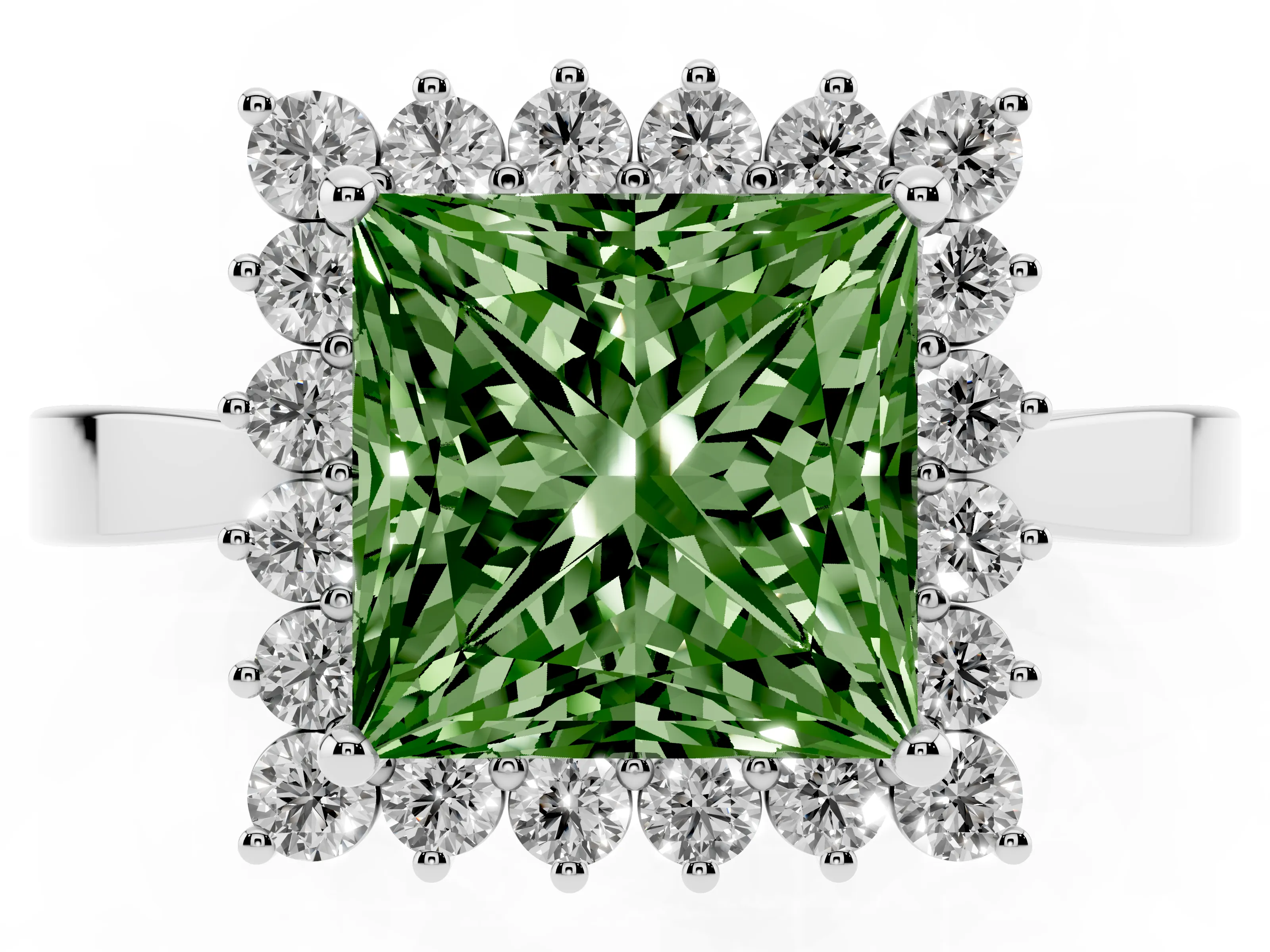 Fancy Green Princess Cut Diamond Halo Ring Set in White gold with Round Halo and Smooth Solitaire Band