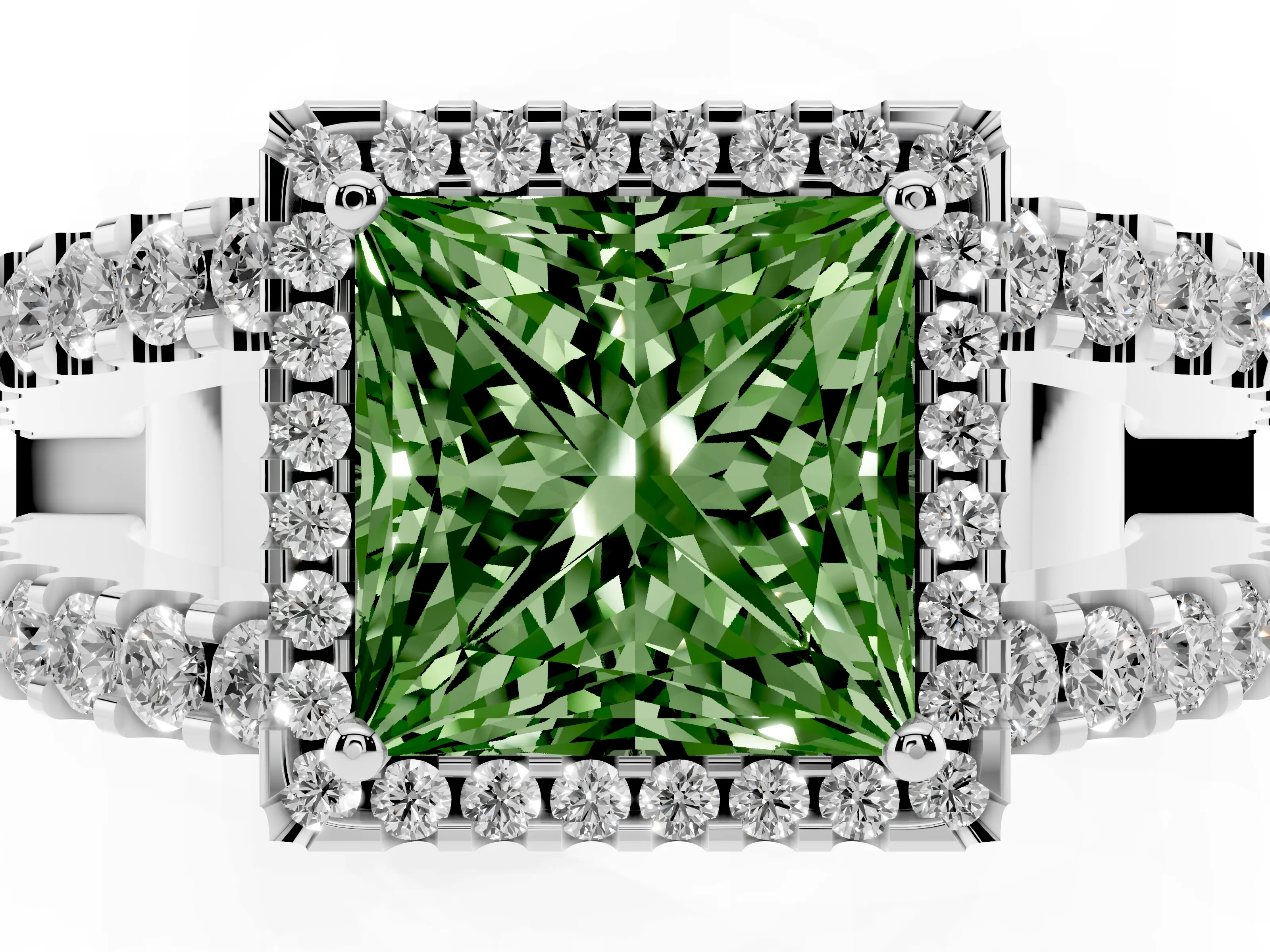 Fancy Green Princess Cut Diamond Halo Ring Set in White gold with Pavé Split Shank and Prong Setting