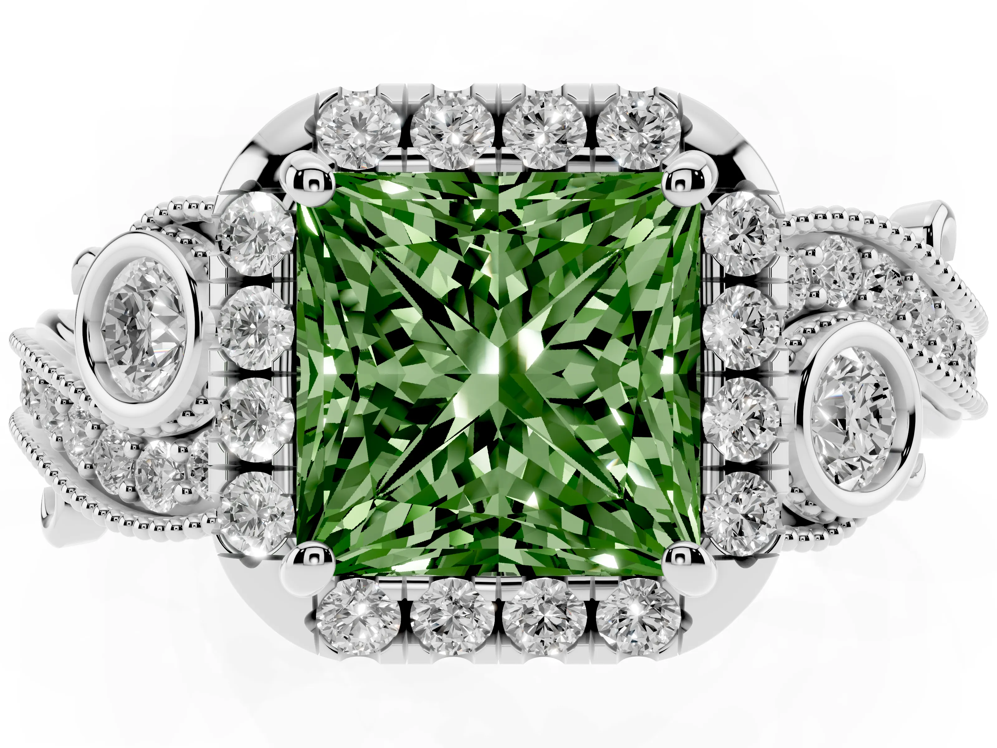 Fancy Green Princess Cut Diamond Halo Ring Set in Platinum with Milgrain Pavé Band and Prong Setting