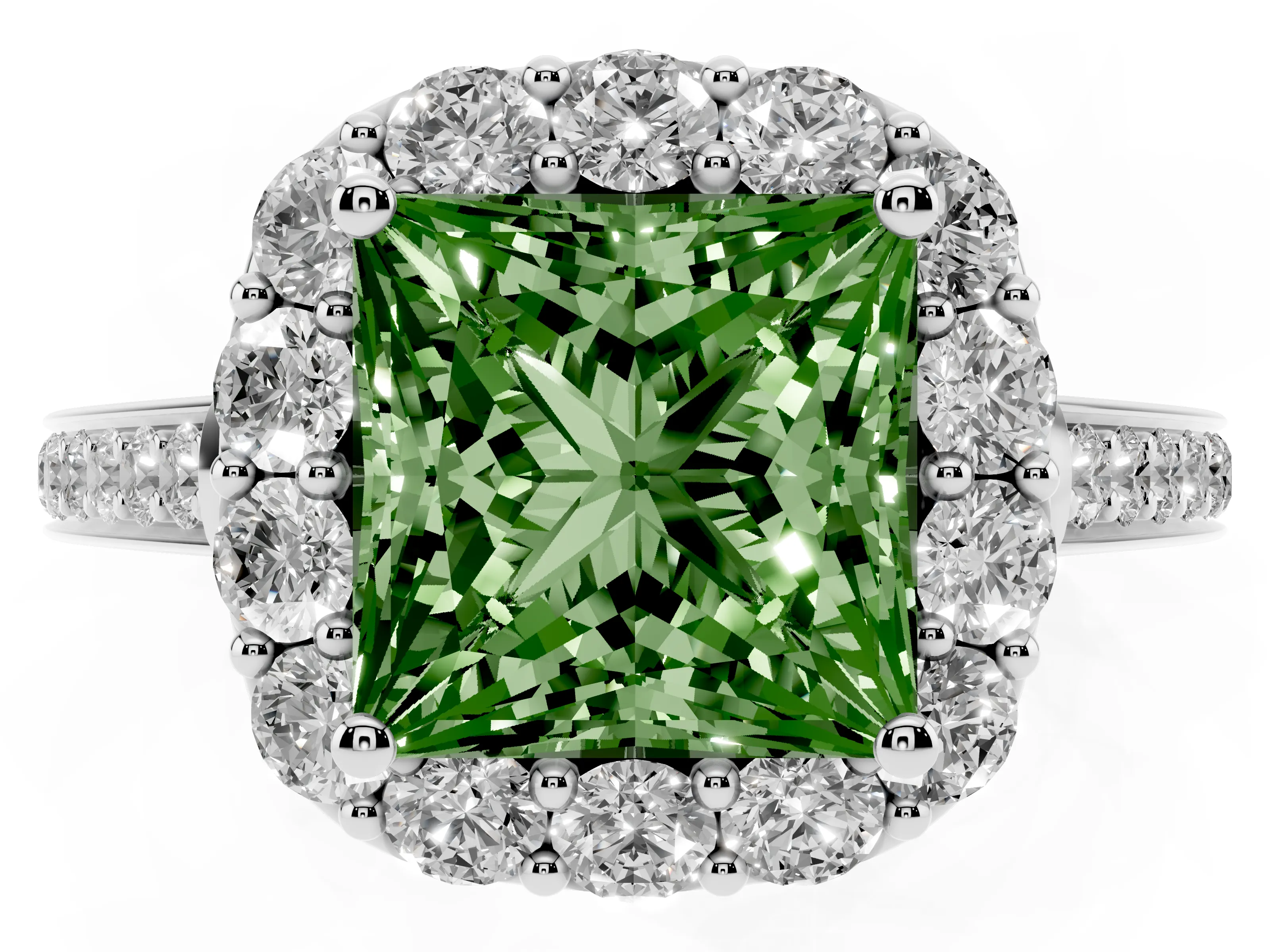 Fancy Green Princess Cut Diamond Floral Halo Ring Set in Silver with Pavé Band and Prong Setting