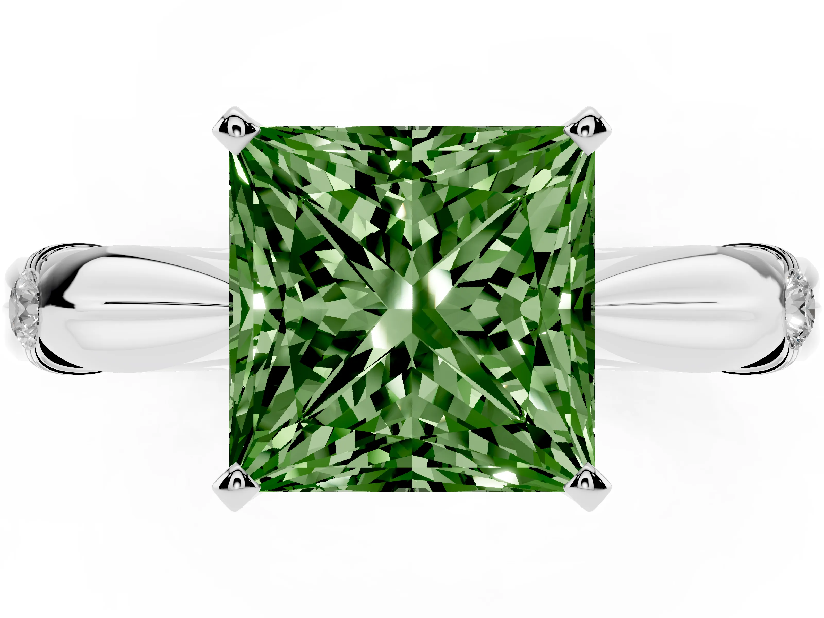 Fancy Green Princess Cut Diamond Solitaire Twisted Band Ring Set in Platinum with Accent Stones and Prong Setting