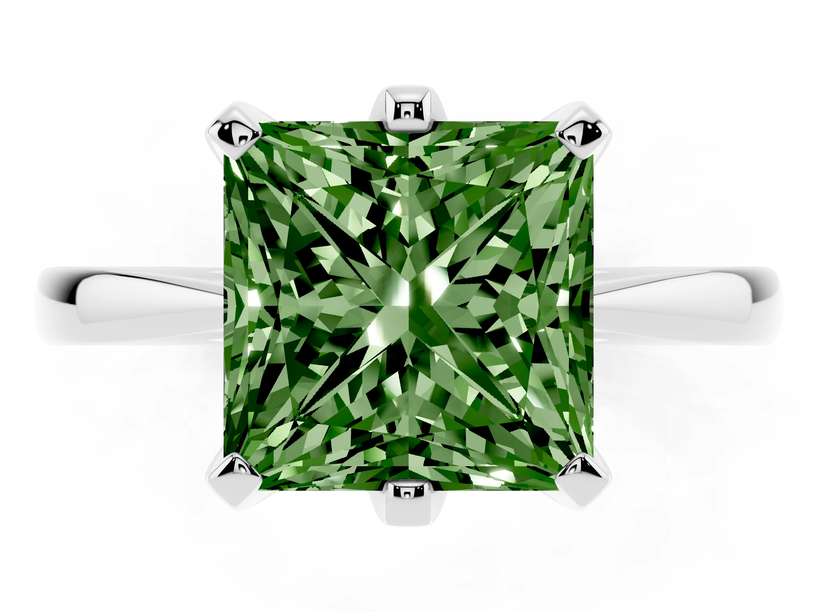 Fancy Green Princess Cut Diamond Solitaire Engagement Ring Set in Platinum with Slim Tapered Solitaire Band