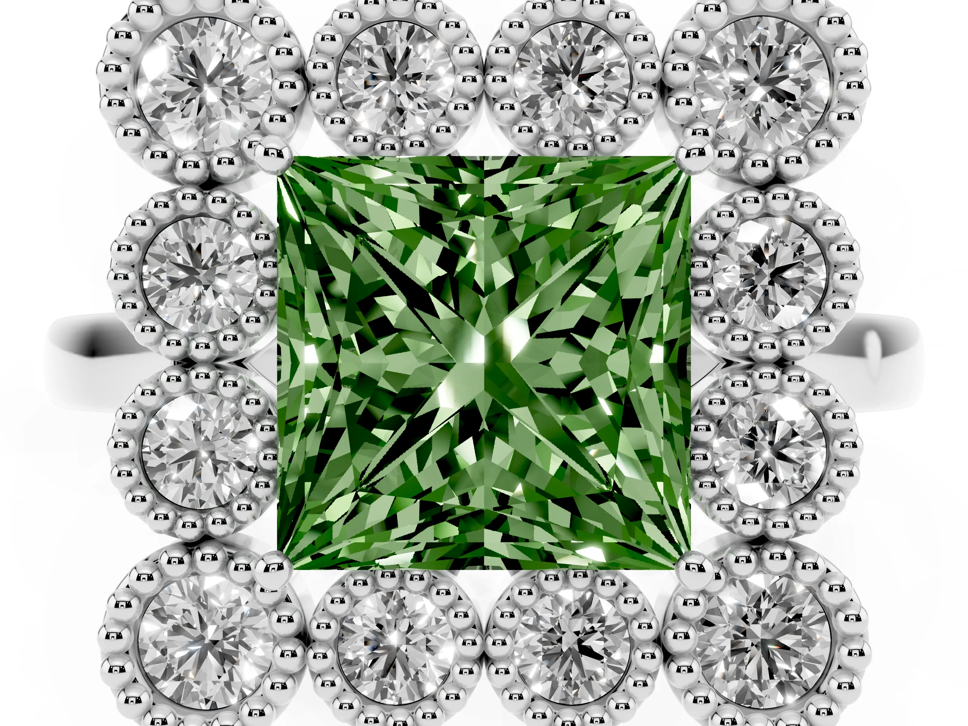 Fancy Green Princess Cut Diamond Cluster Halo Ring Set in White gold with Milgrain Bezel Accents and Plain Band