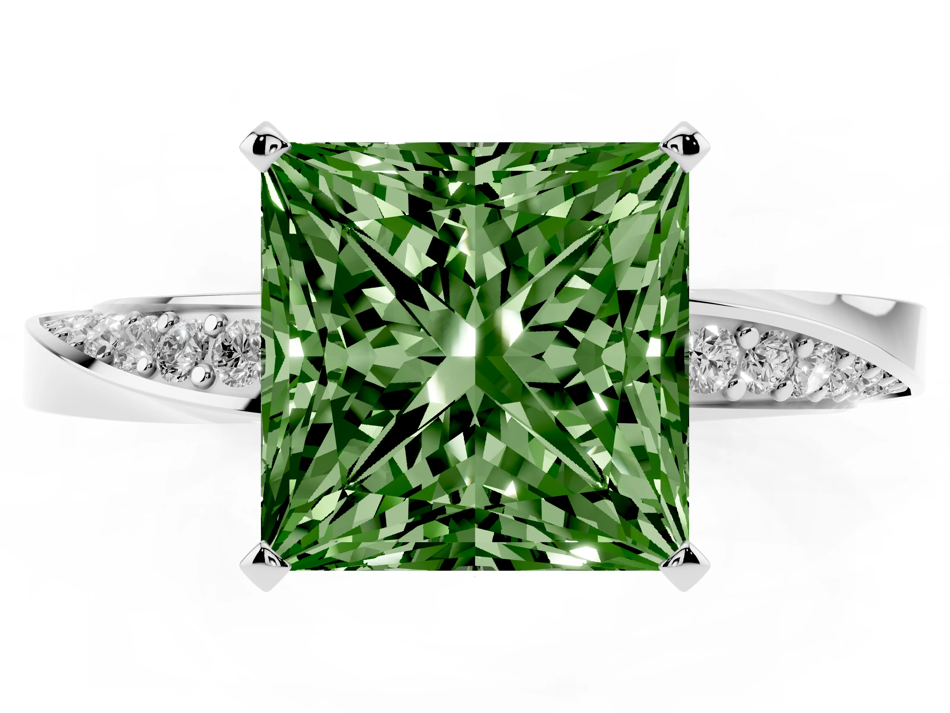 Fancy Green Princess Cut Diamond Engagement Ring Set in White gold with Side Stone Accents and Prong Setting