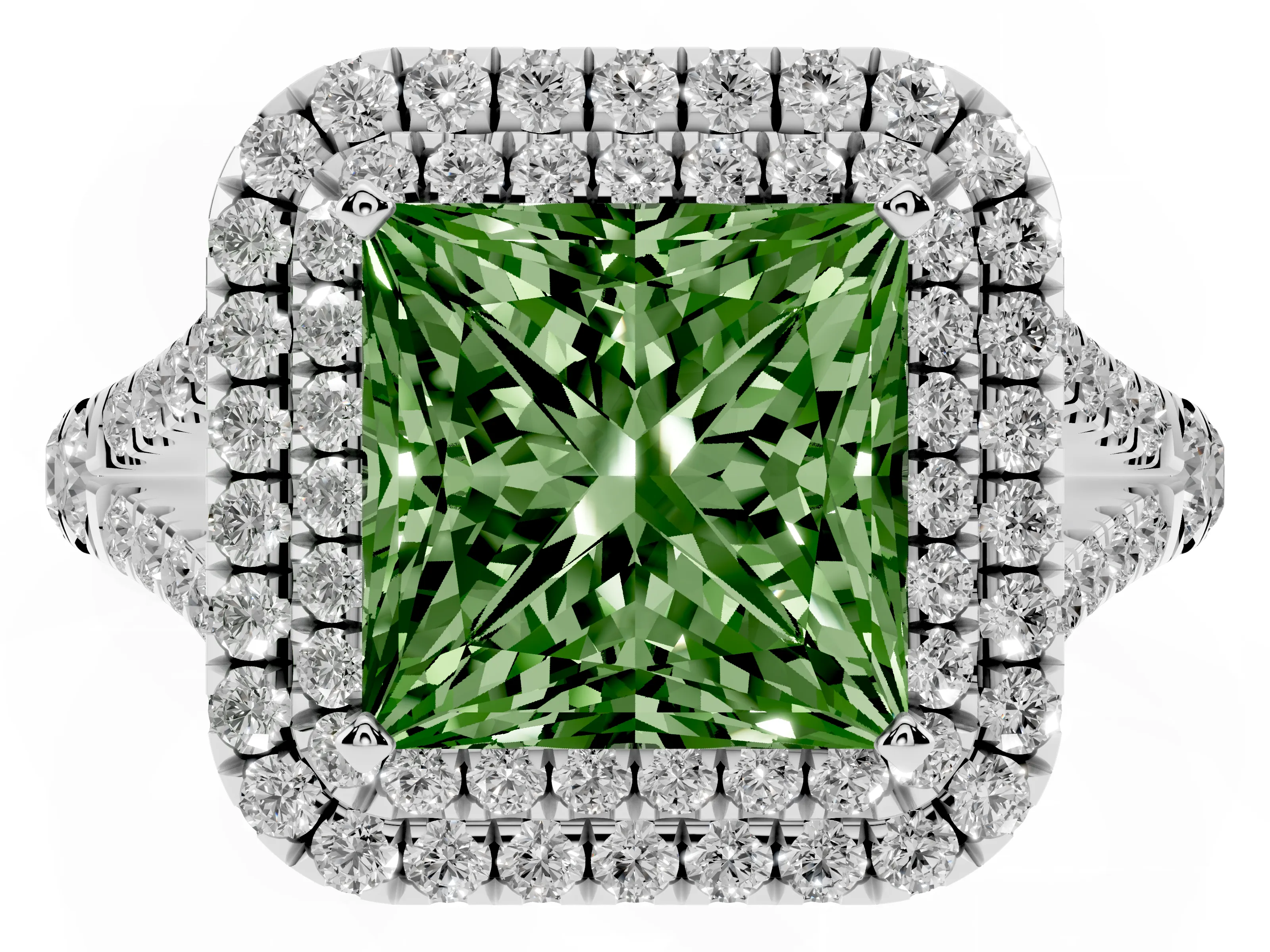 Fancy Green Princess Cut Diamond Pavé Split Shank Double Halo Engagement Ring Set in Platinum
