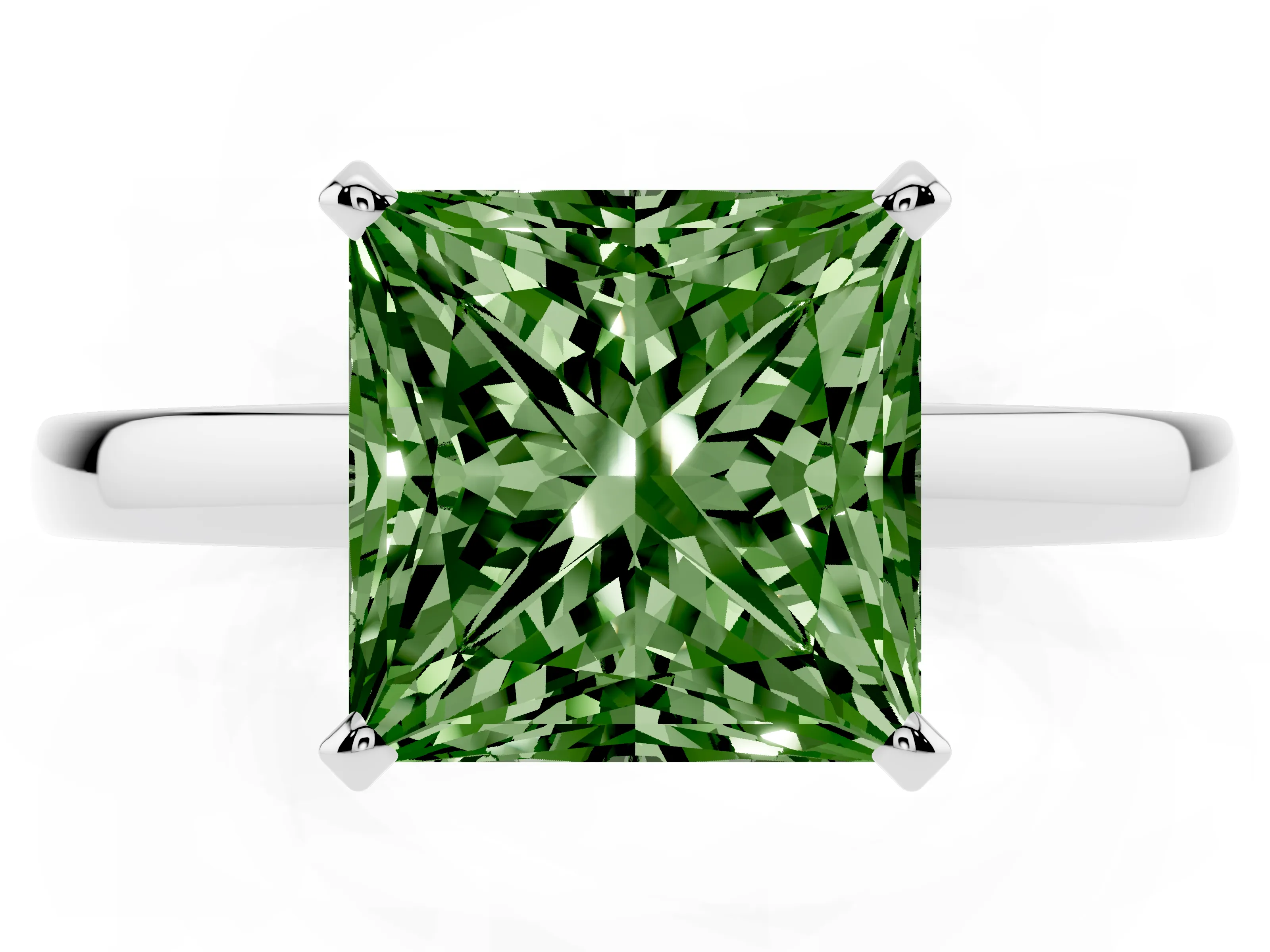 Fancy Green Princess Cut Diamond Solitaire Engagement Ring Set in White gold with Prong Setting on a Classic Band