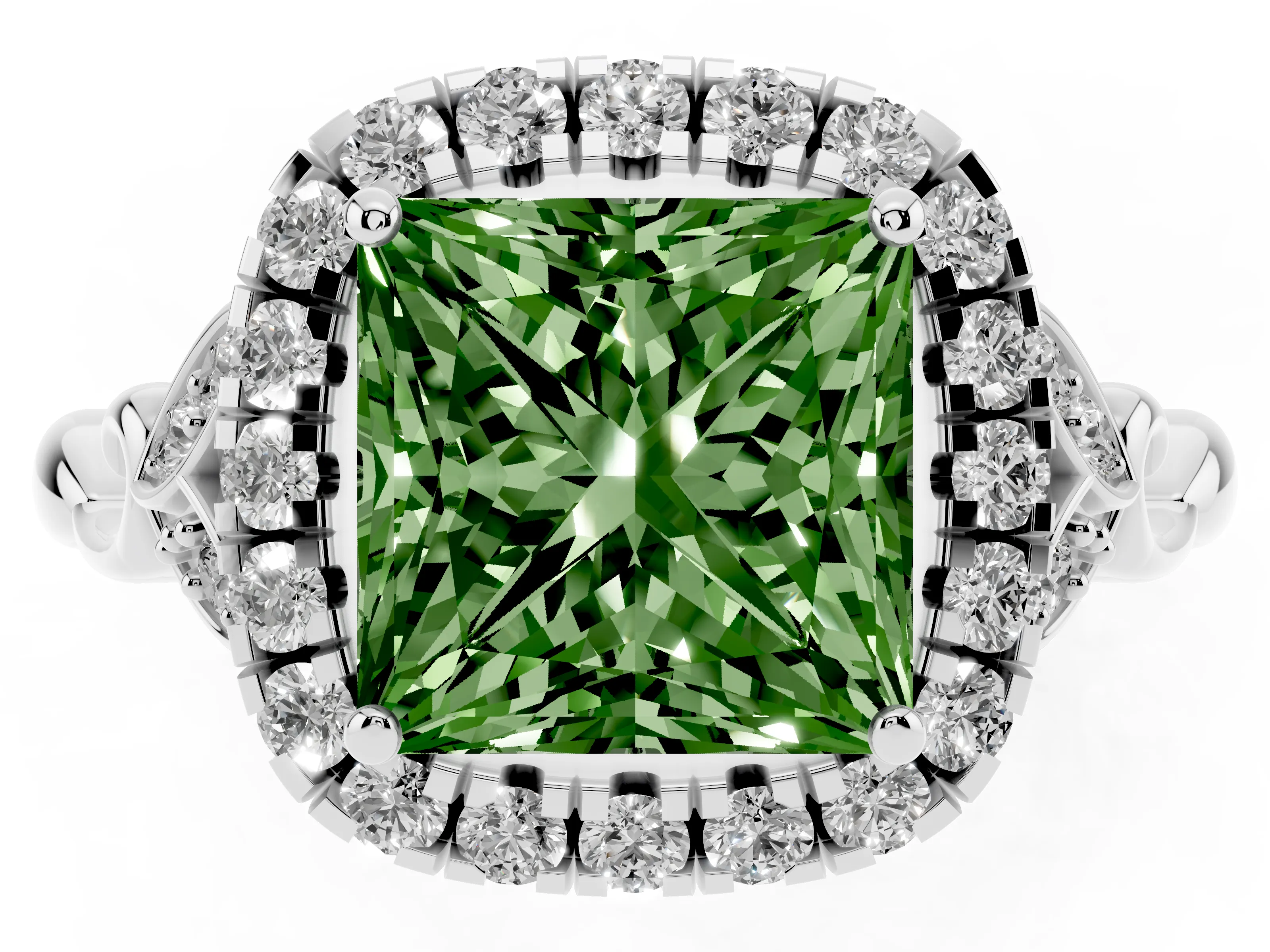 Fancy Green Princess Cut Diamond Halo Engagement Ring Set in Silver with Vintage-Inspired Band and Prong Setting
