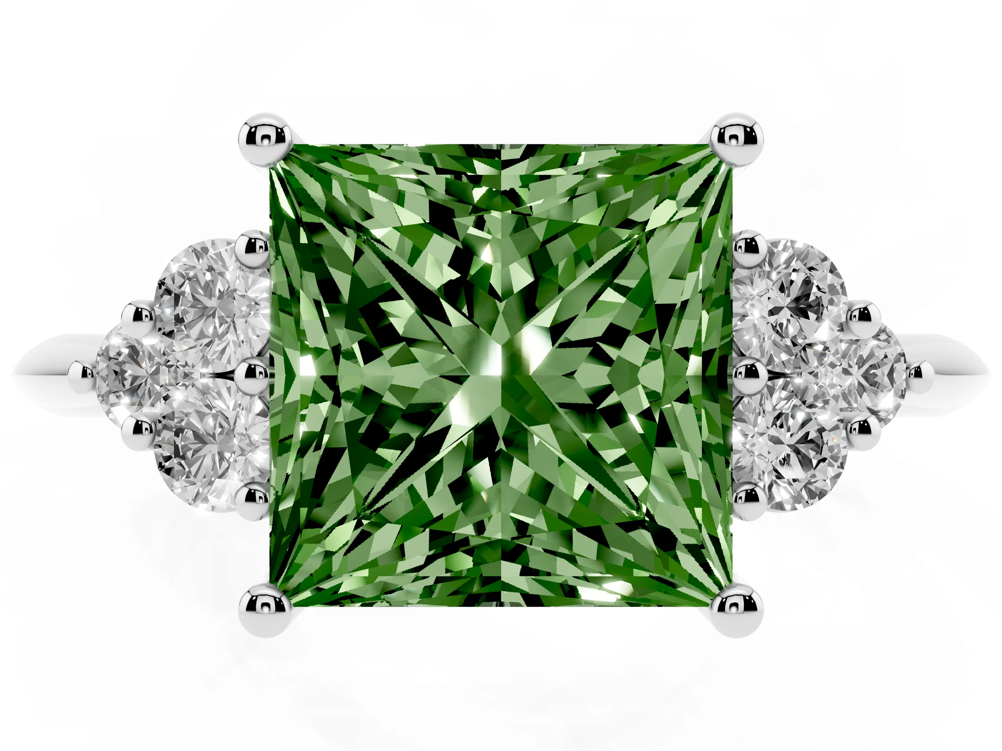 Fancy Green Princess Cut Diamond Cluster Ring Set in Platinum with Plain Band and Prong Setting