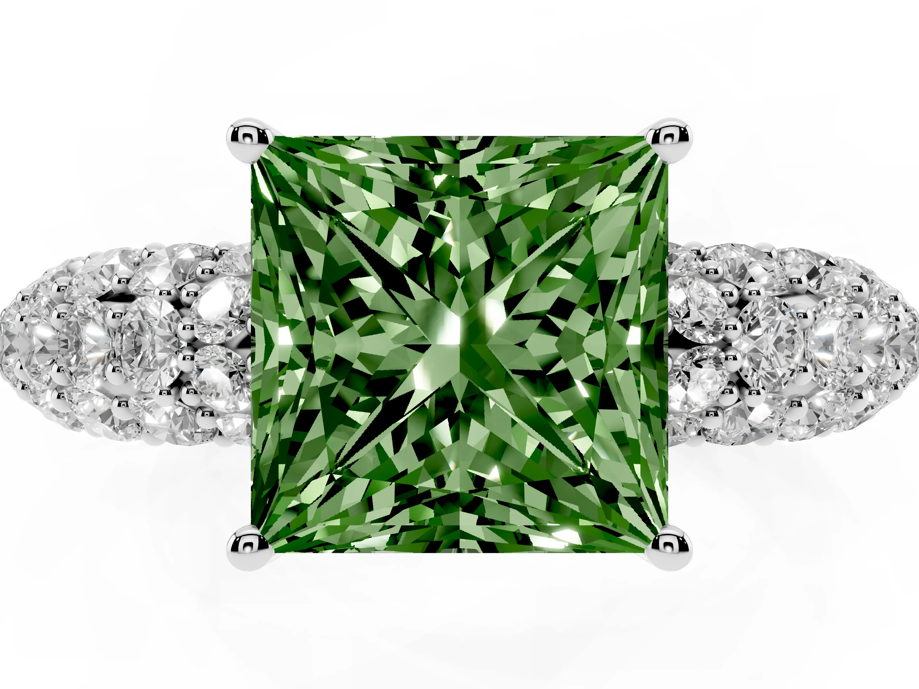 Fancy Green Princess Cut Diamond Pavé Band Solitaire Ring Set in Platinum with Close-Set Accent Stones and Prong Setting